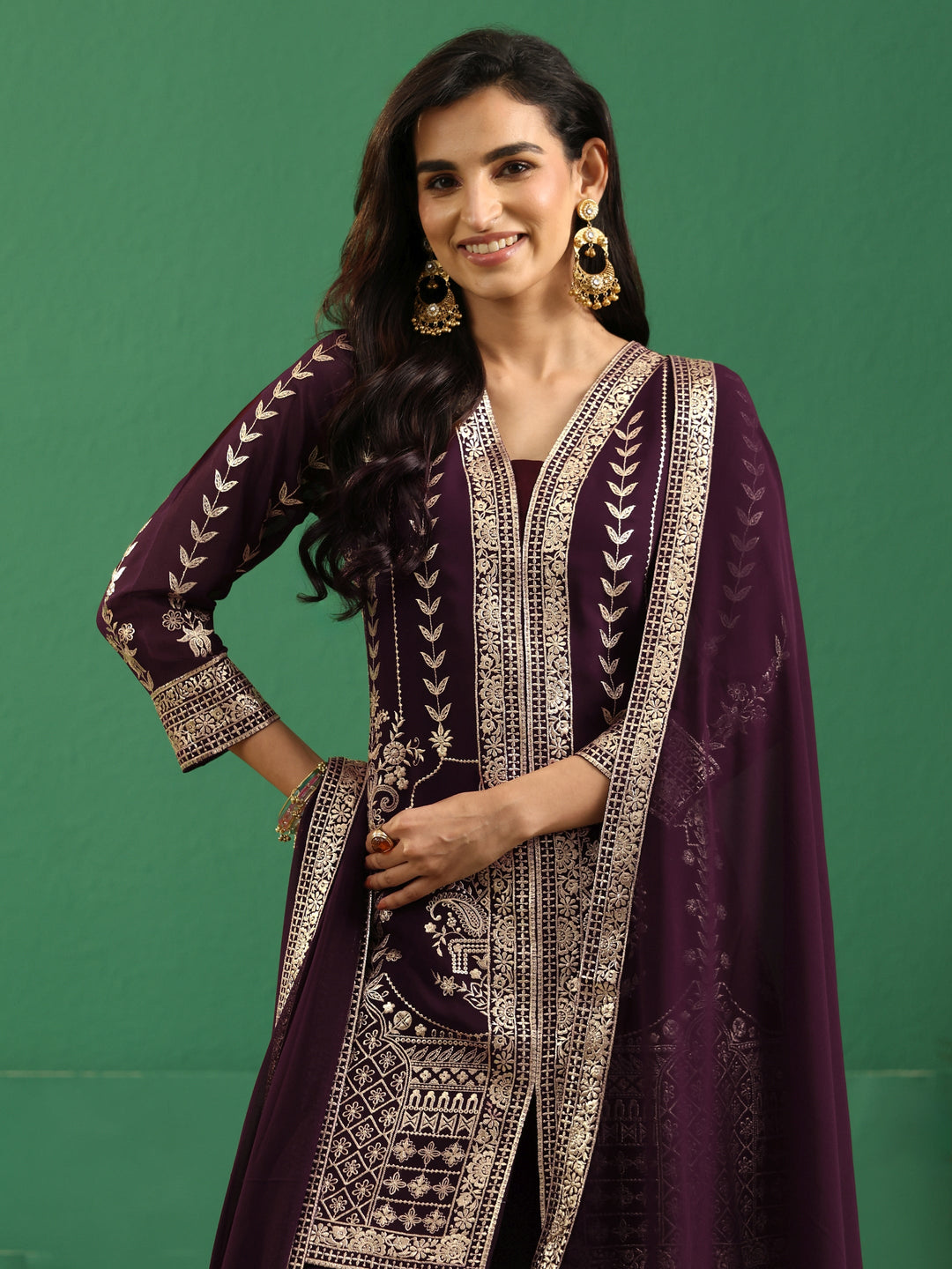  Libas Art Burgundy Embellished Georgette Palazzo Suit Set 