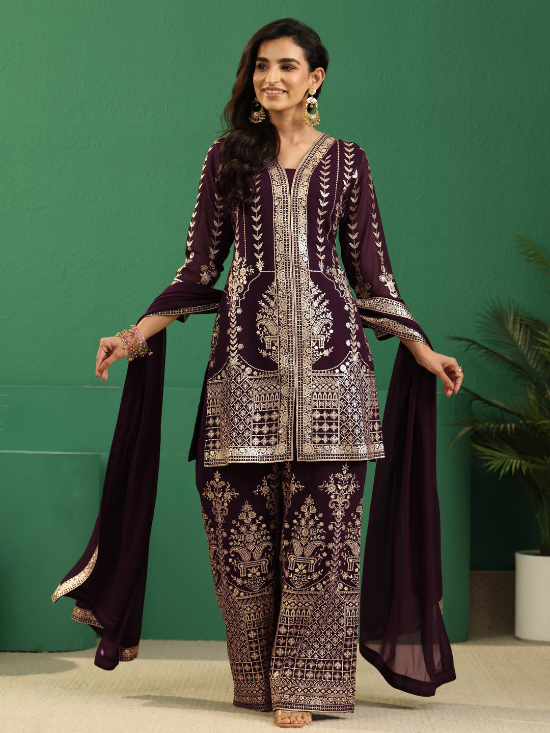  Libas Art Burgundy Embellished Georgette Palazzo Suit Set 