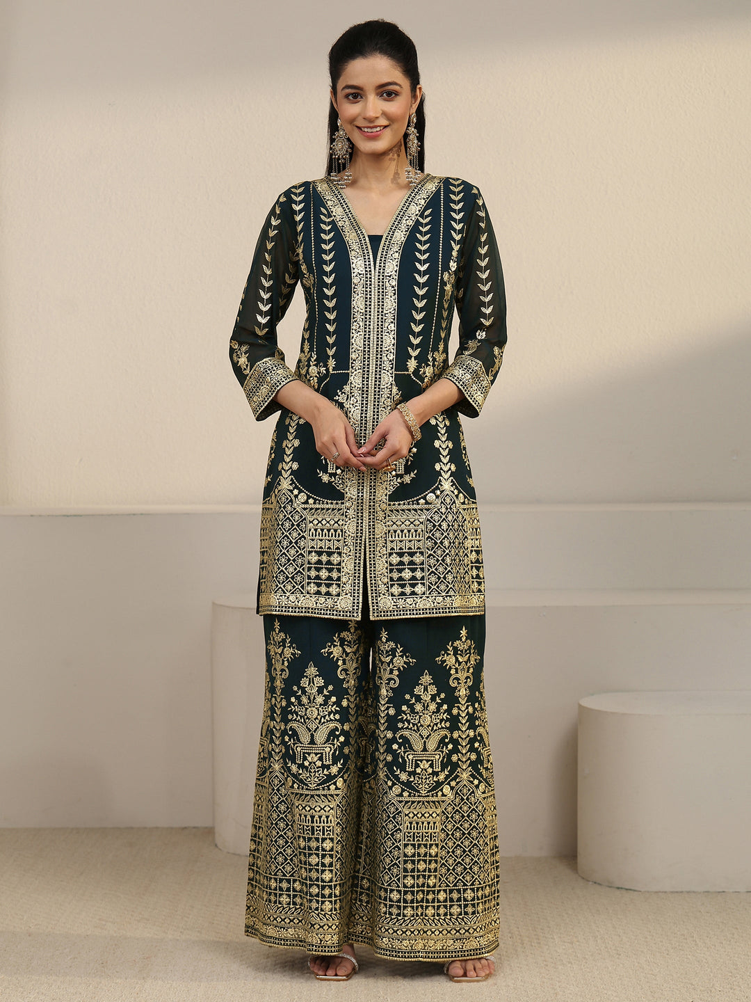  Libas Art Teal Green Zari Embroidered Georgette Palazzo Suit Set 
