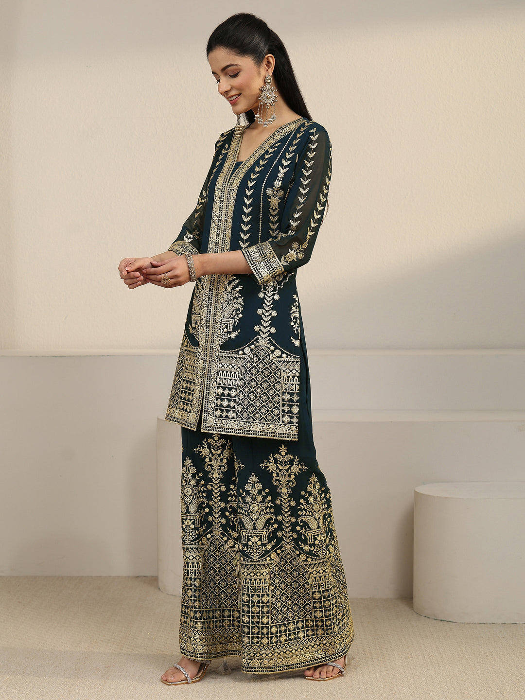  Libas Art Teal Green Zari Embroidered Georgette Palazzo Suit Set 