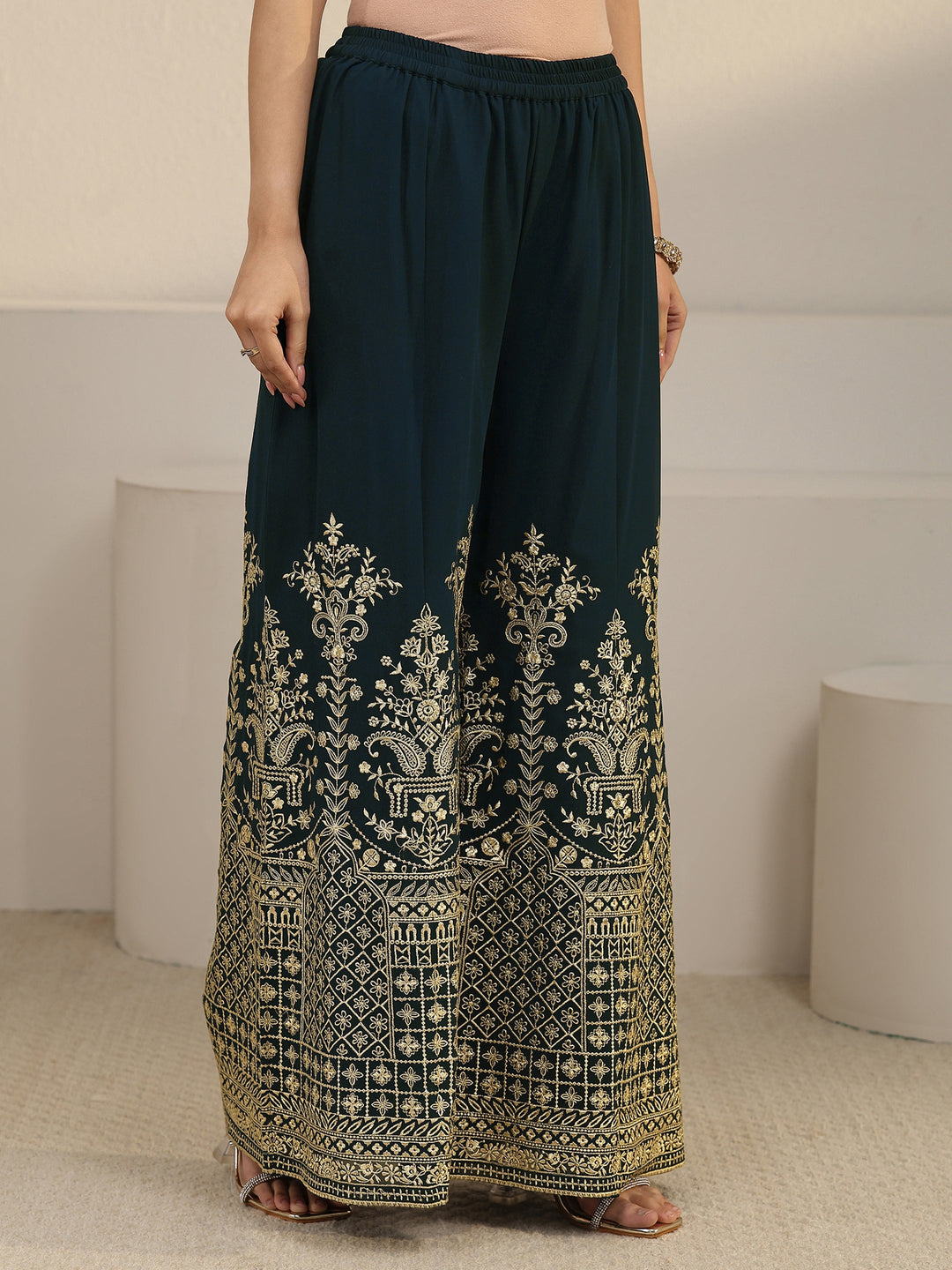  Libas Art Teal Green Zari Embroidered Georgette Palazzo Suit Set 