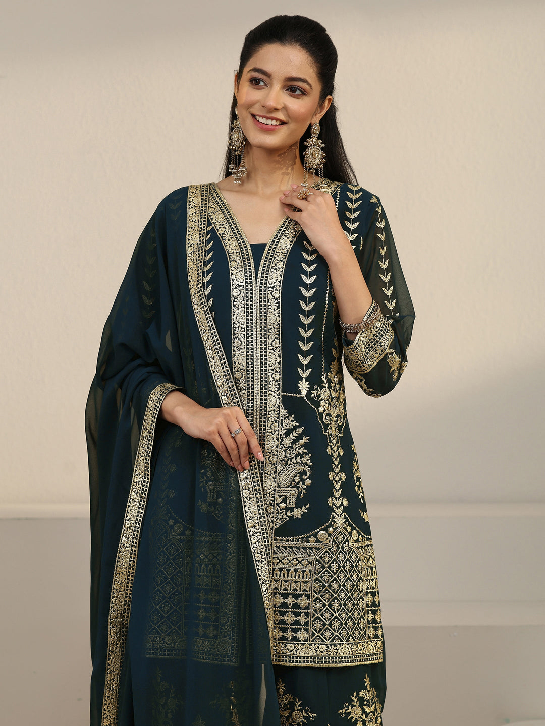  Libas Art Teal Green Zari Embroidered Georgette Palazzo Suit Set 