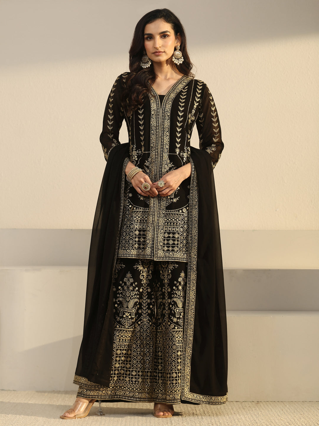  Libas Art Black Zari Embroidered Georgette Palazzo Suit Set 