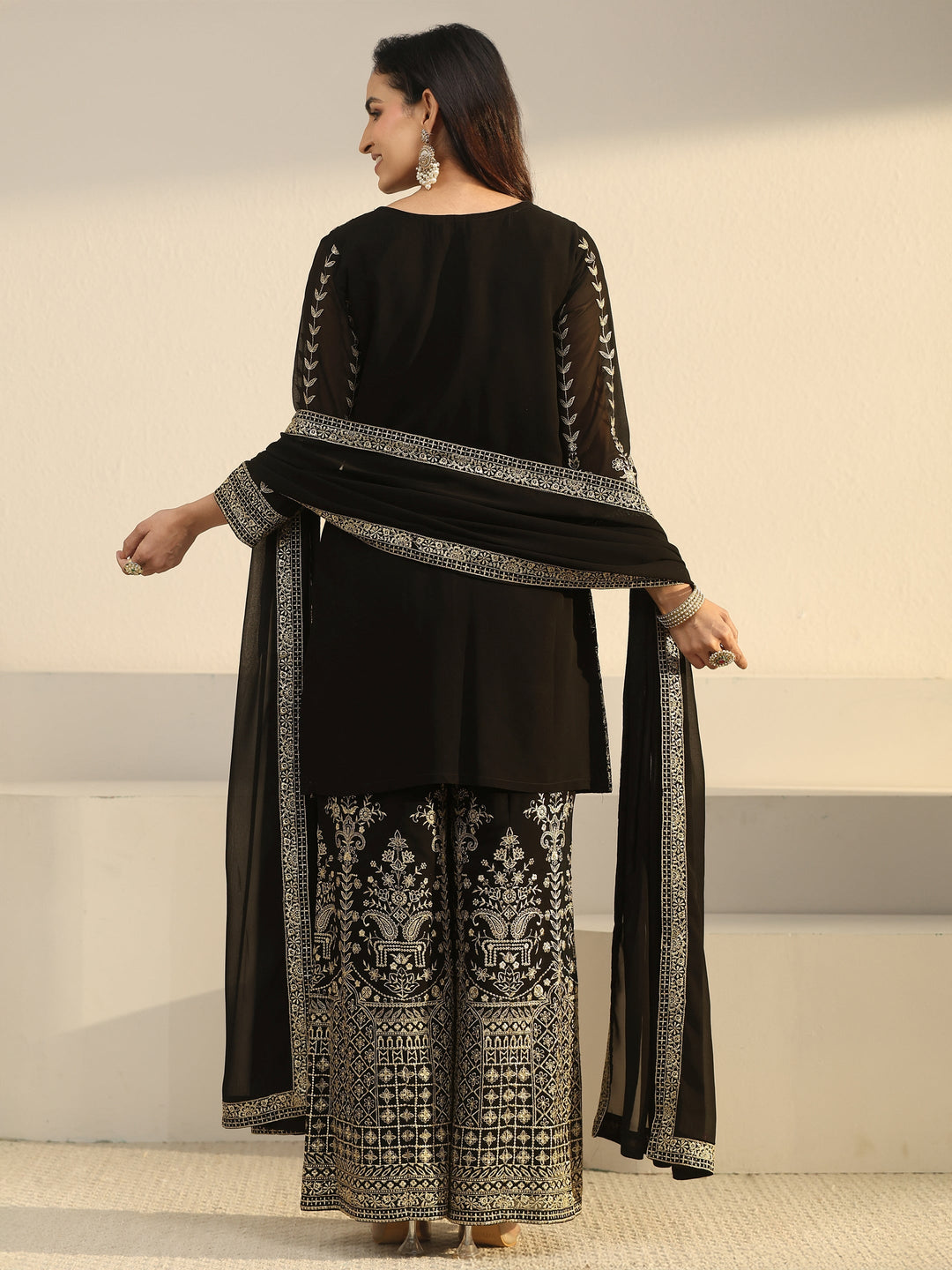  Libas Art Black Zari Embroidered Georgette Palazzo Suit Set 