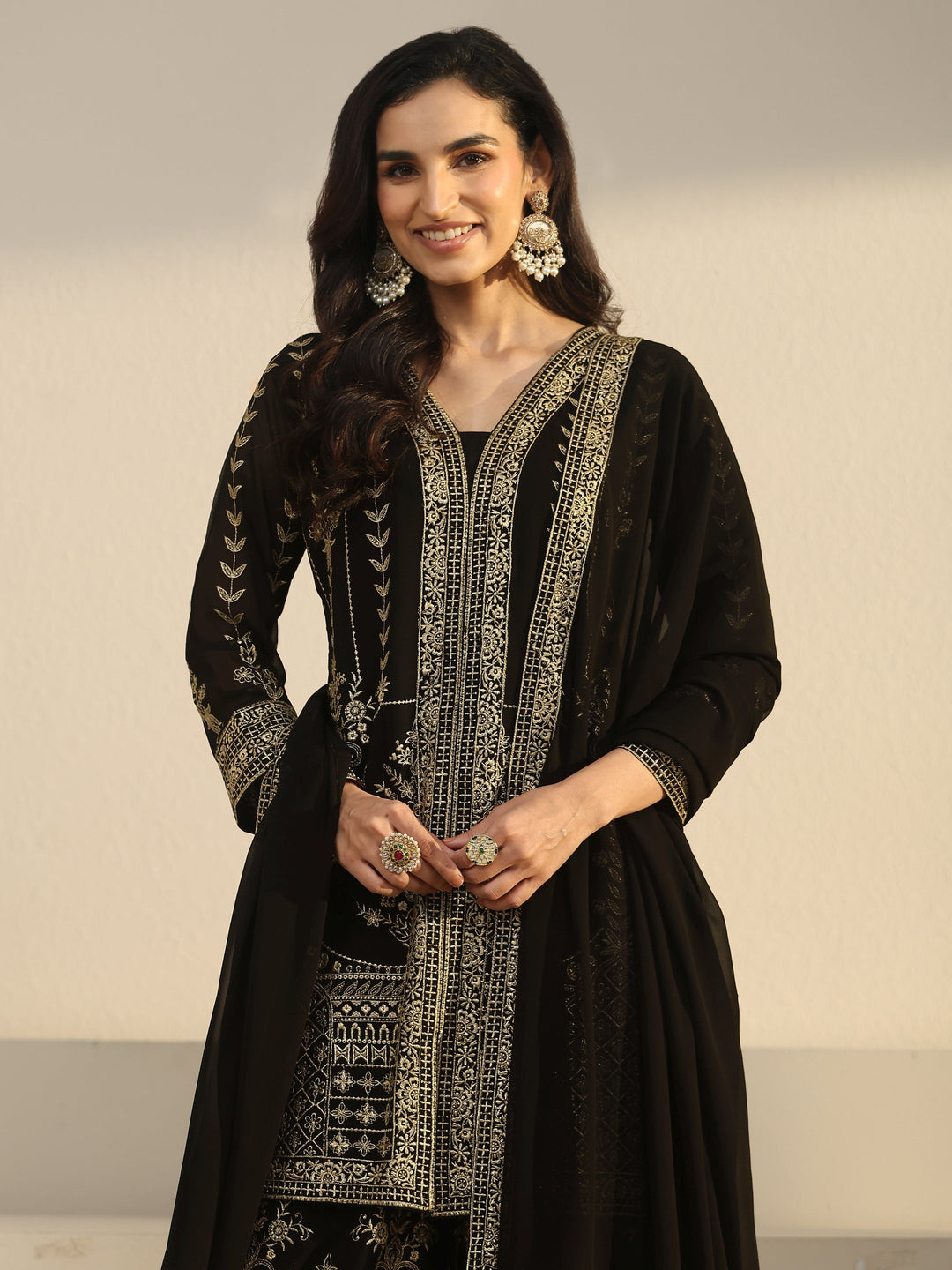  Libas Art Black Zari Embroidered Georgette Palazzo Suit Set 