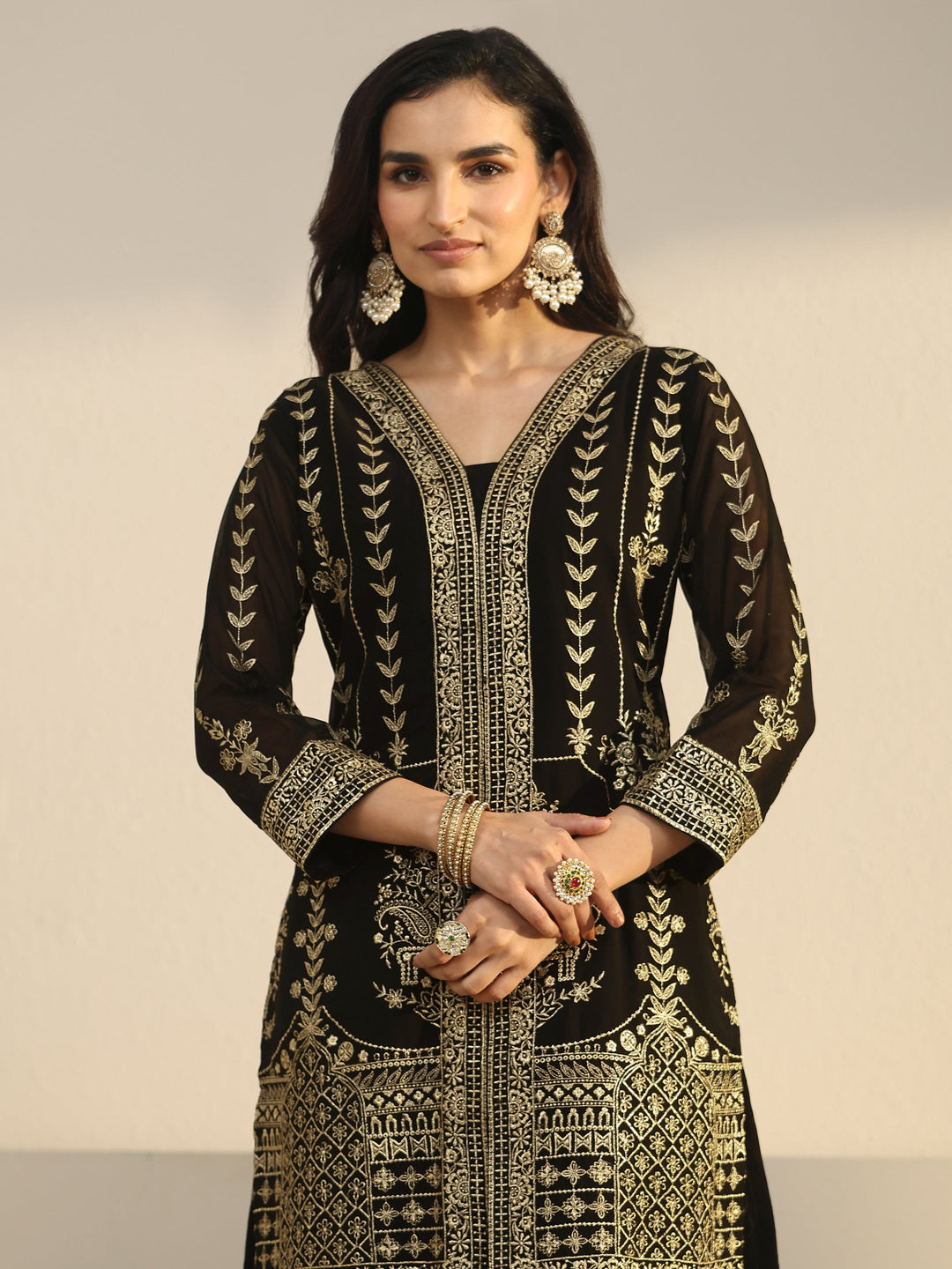  Libas Art Black Zari Embroidered Georgette Palazzo Suit Set 