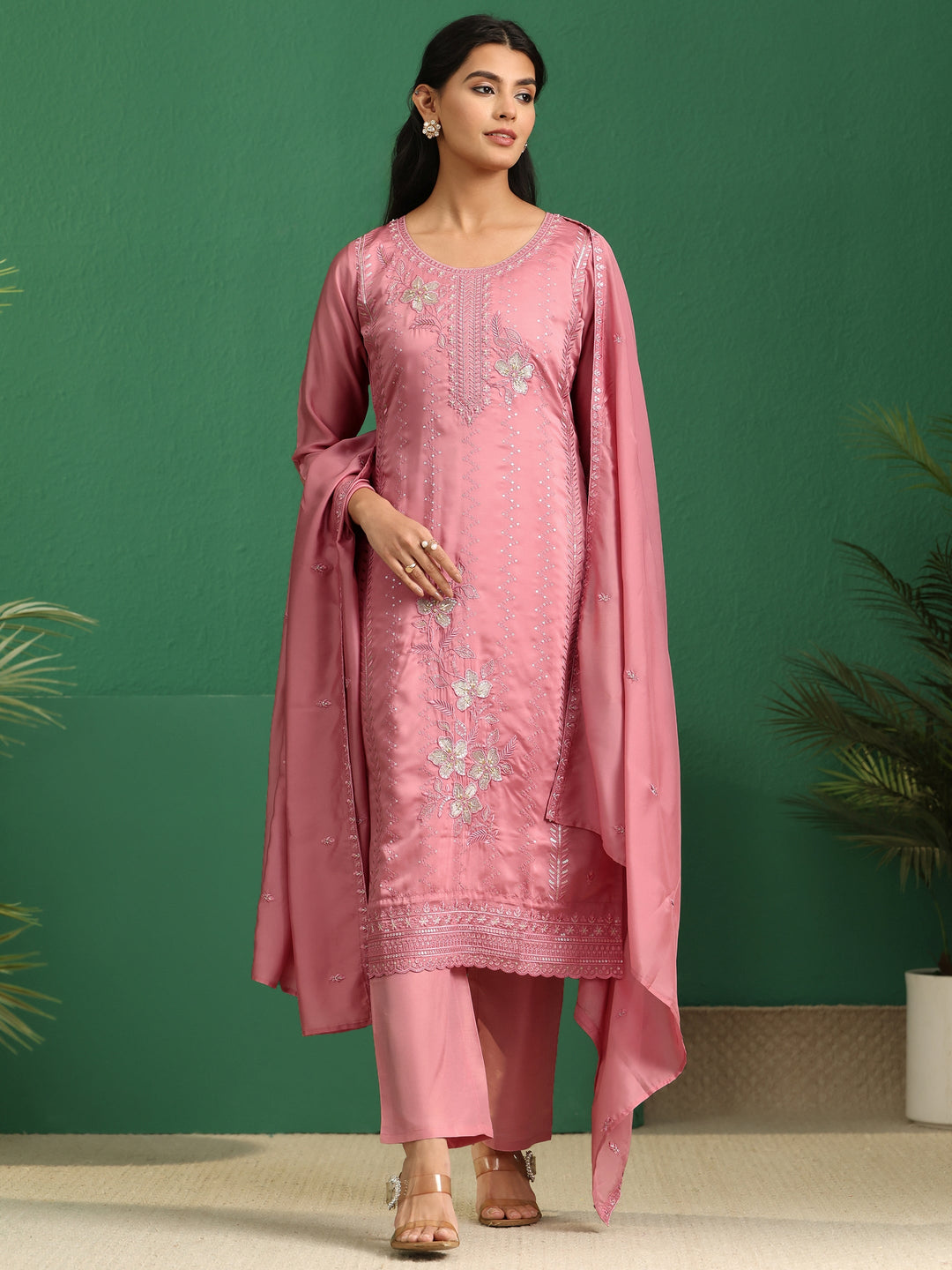  Libas Dusty Rose Pink Floral Embroidered Organza Straight Suit Set 