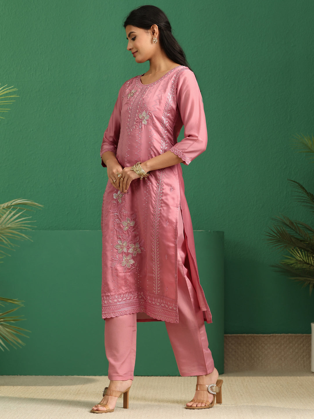  Libas Dusty Rose Pink Floral Embroidered Organza Straight Suit Set 