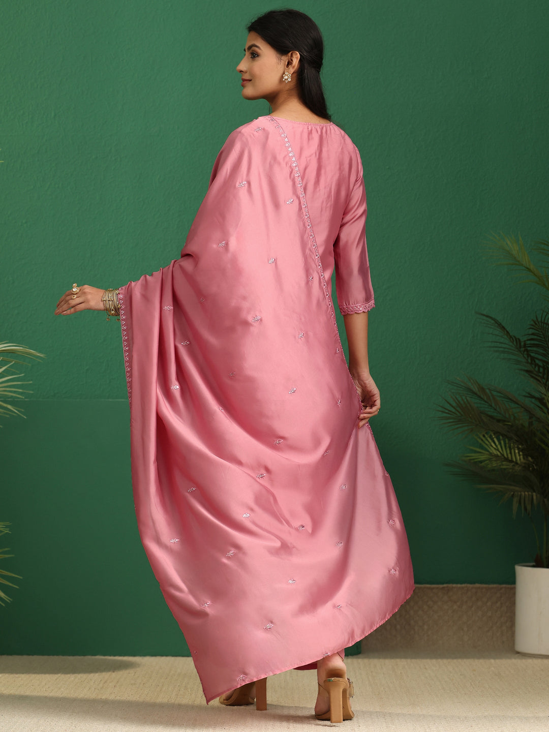  Libas Dusty Rose Pink Floral Embroidered Organza Straight Suit Set 