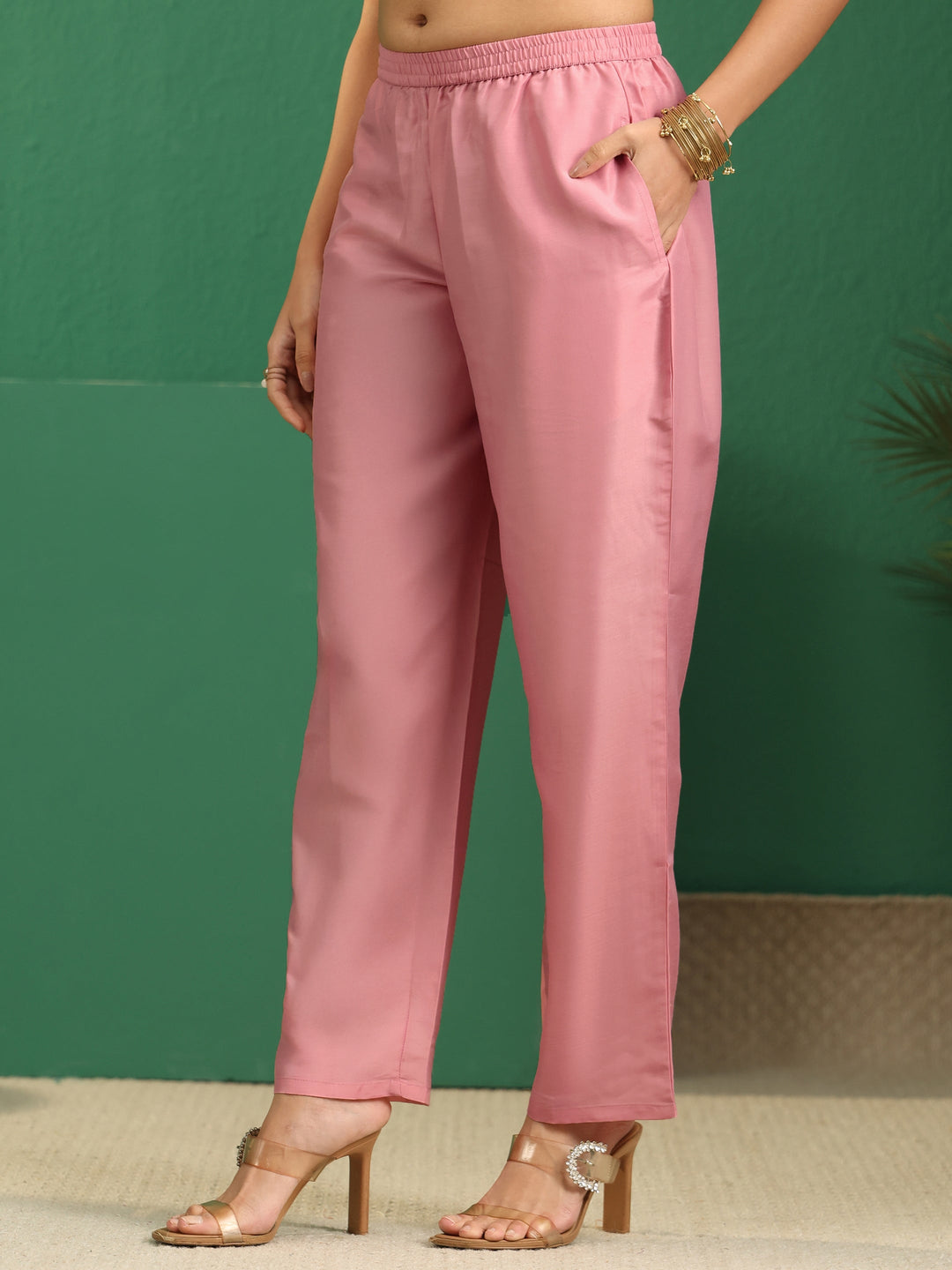  Libas Dusty Rose Pink Floral Embroidered Organza Straight Suit Set 
