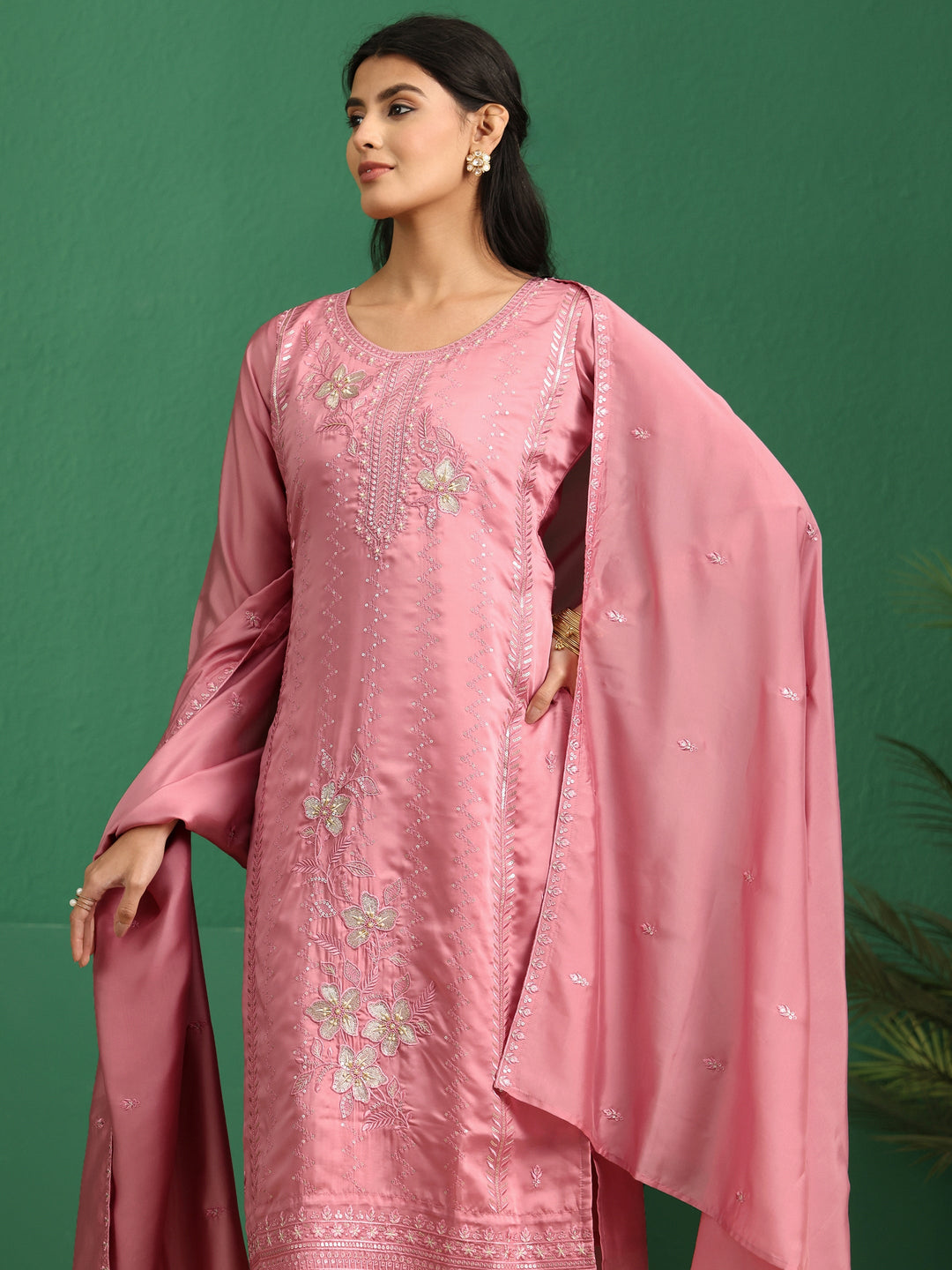  Libas Dusty Rose Pink Floral Embroidered Organza Straight Suit Set 