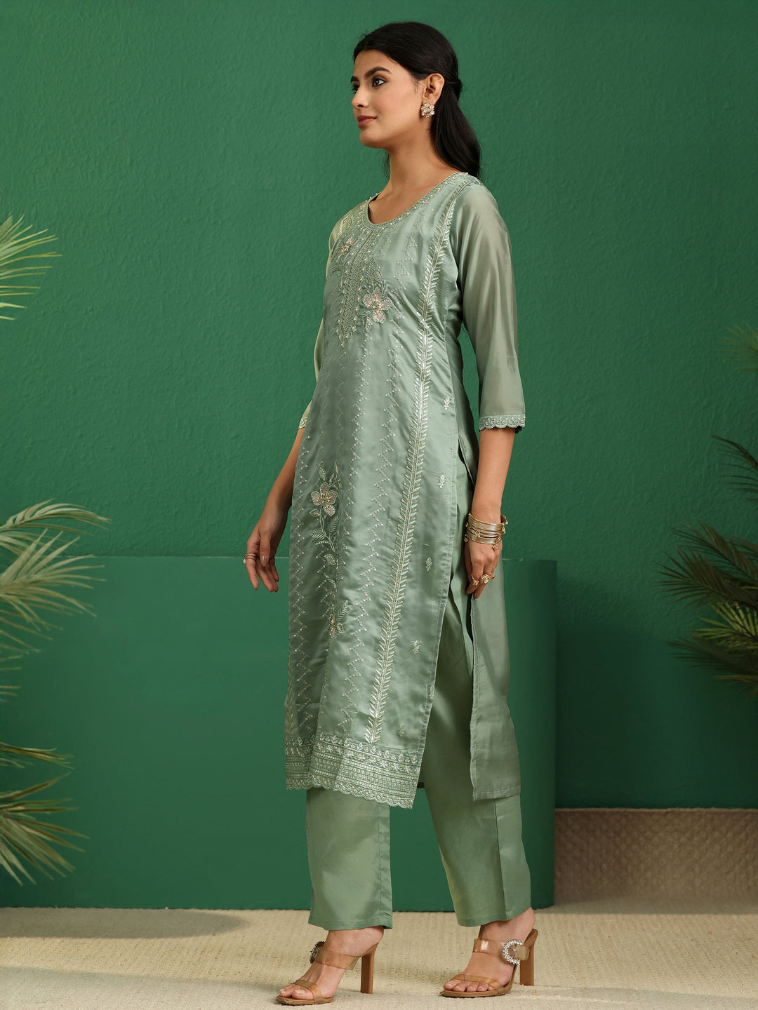  Libas Sage Green Floral Embroidered Organza Straight Suit Set 