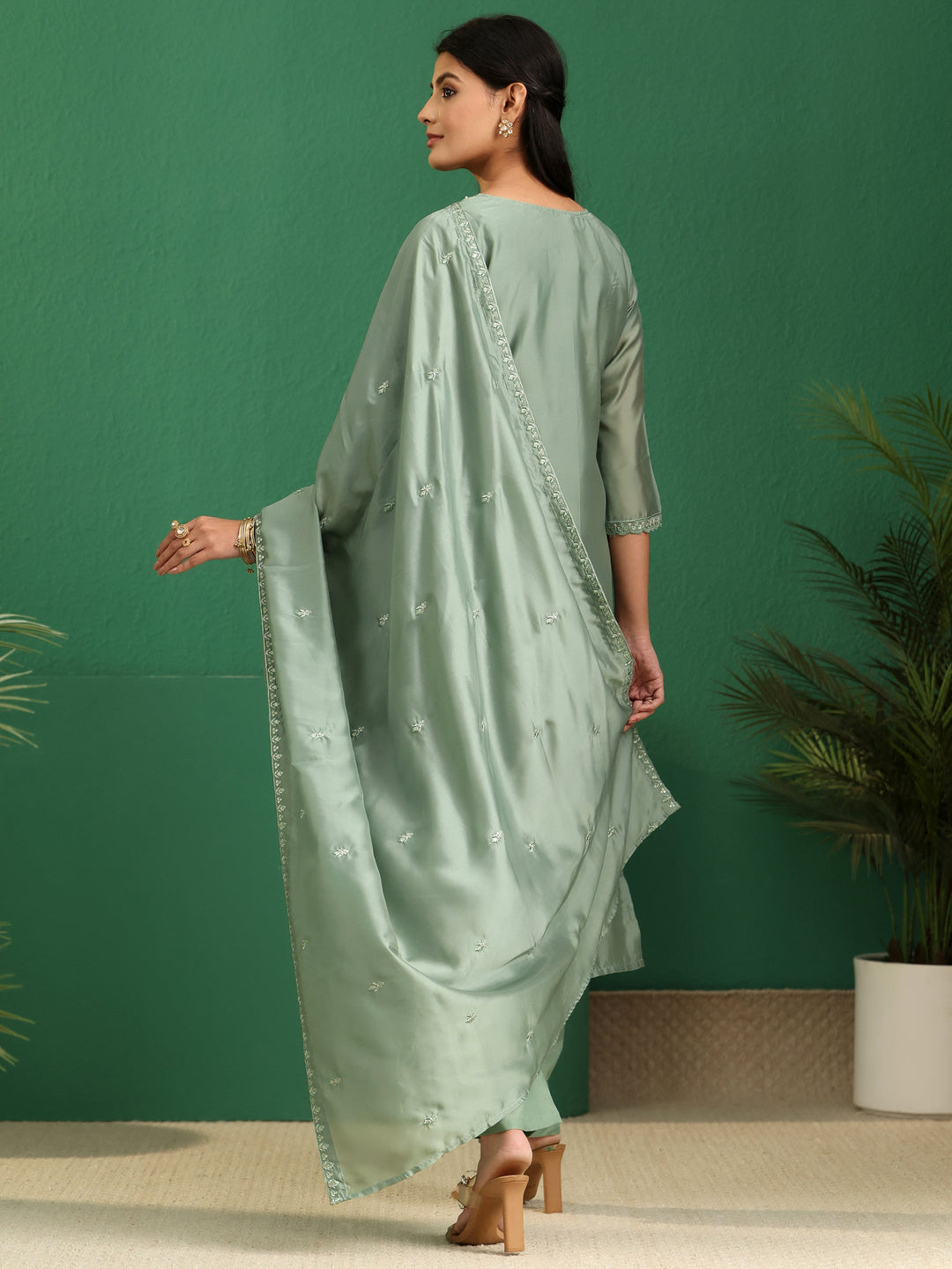  Libas Sage Green Floral Embroidered Organza Straight Suit Set 
