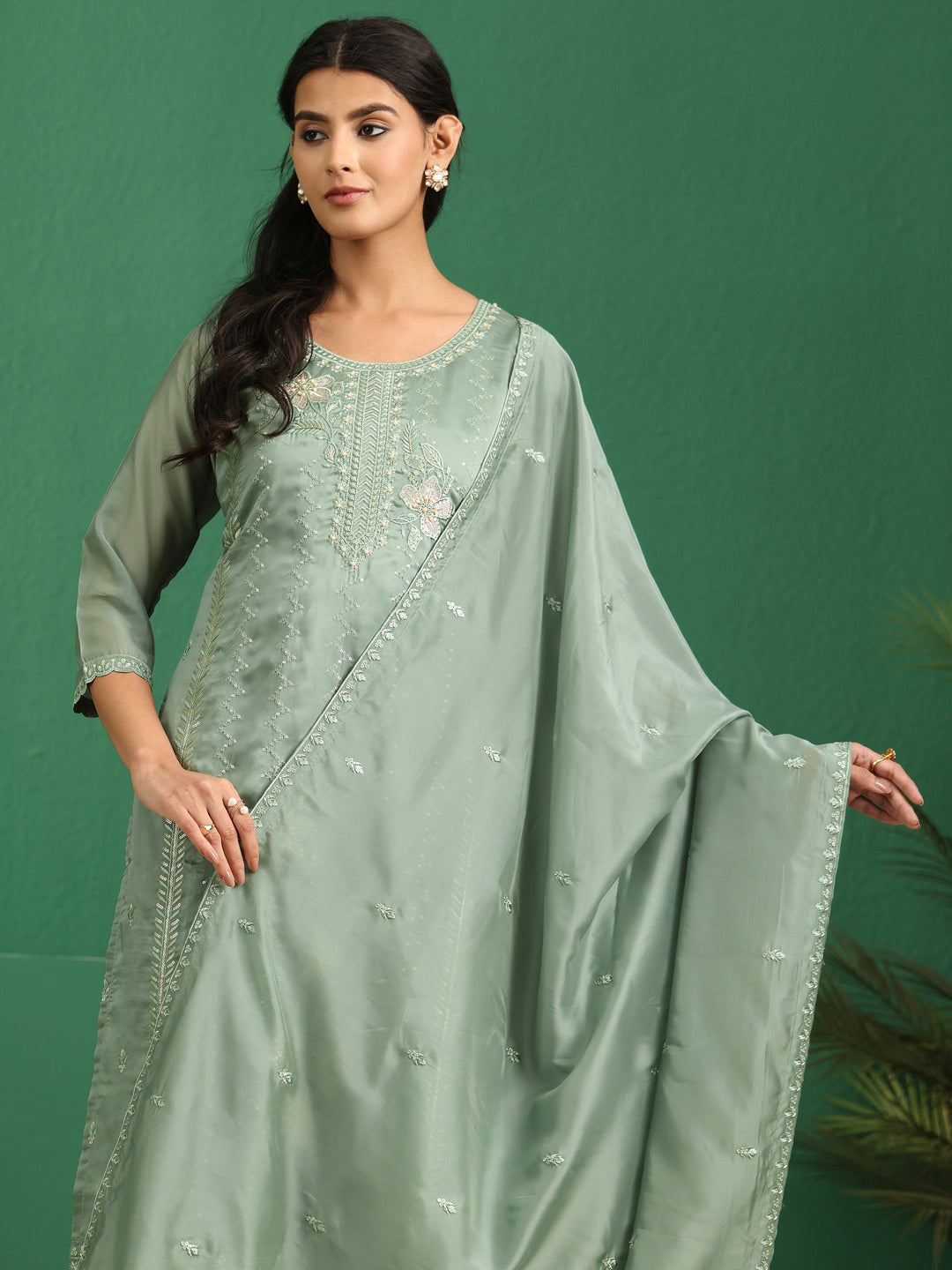  Libas Sage Green Floral Embroidered Organza Straight Suit Set 