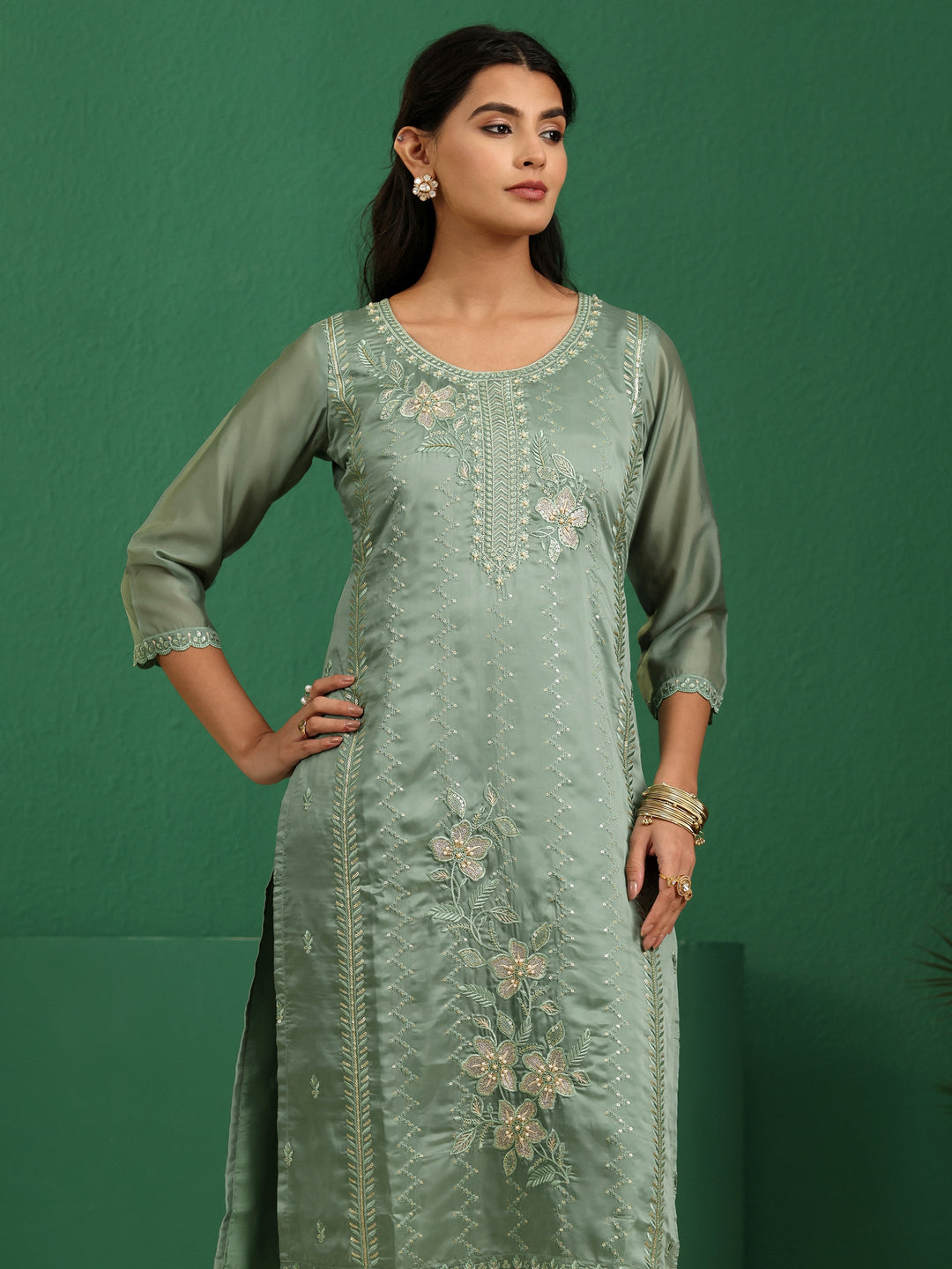  Libas Sage Green Floral Embroidered Organza Straight Suit Set 
