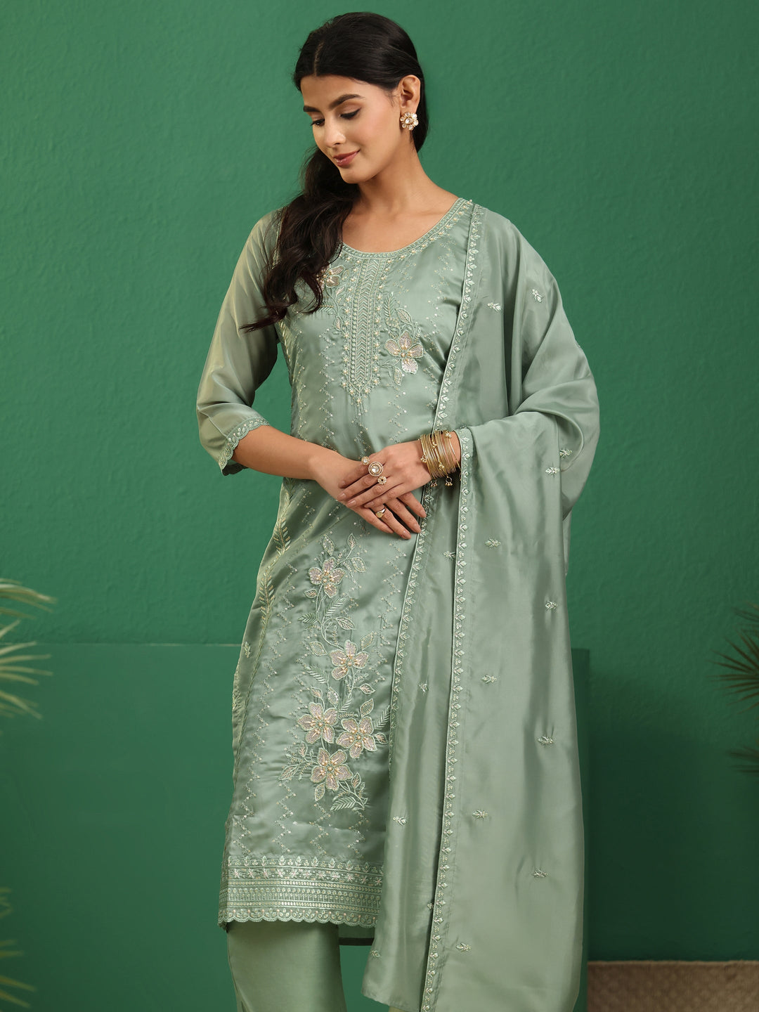  Libas Sage Green Floral Embroidered Organza Straight Suit Set 