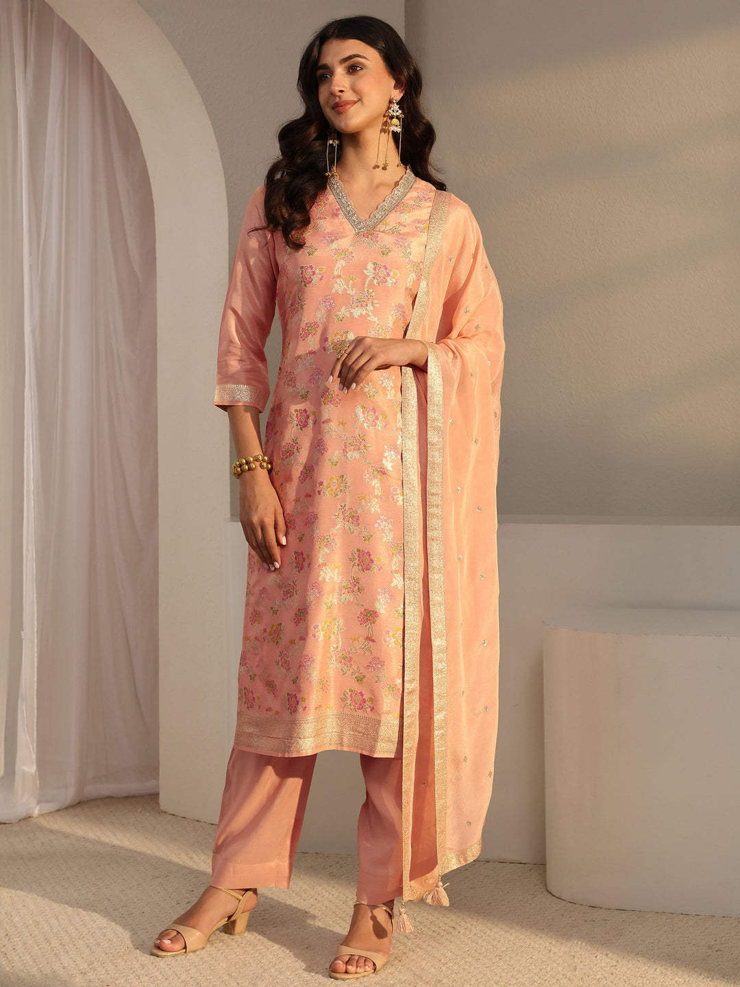  Peach Floral Woven Design Silk Blend Straight Suit Set With Dupatta 