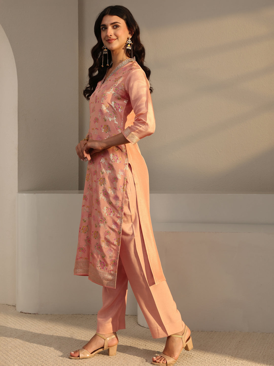  Peach Floral Woven Design Silk Blend Straight Suit Set With Dupatta 