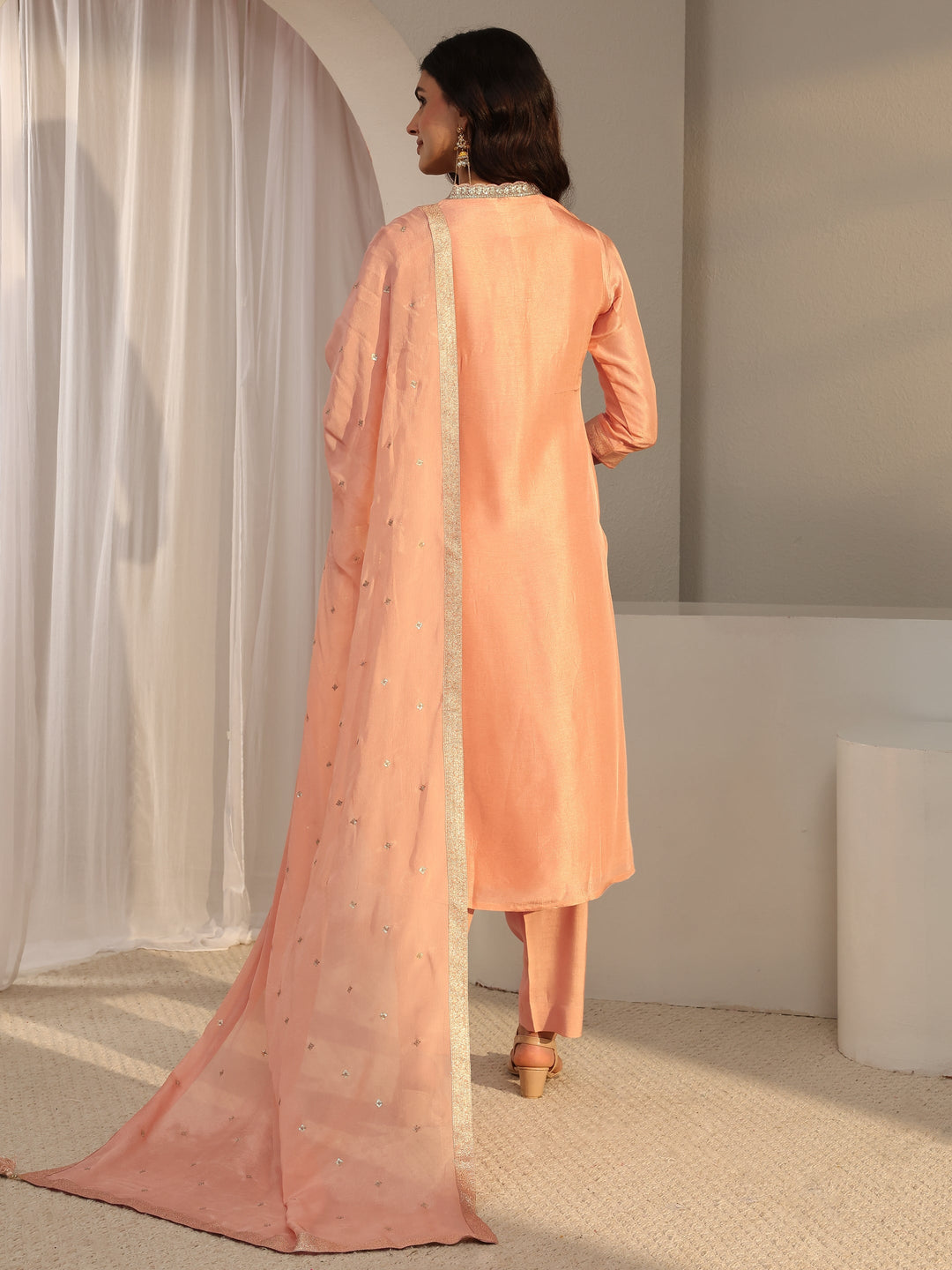  Peach Floral Woven Design Silk Blend Straight Suit Set With Dupatta 