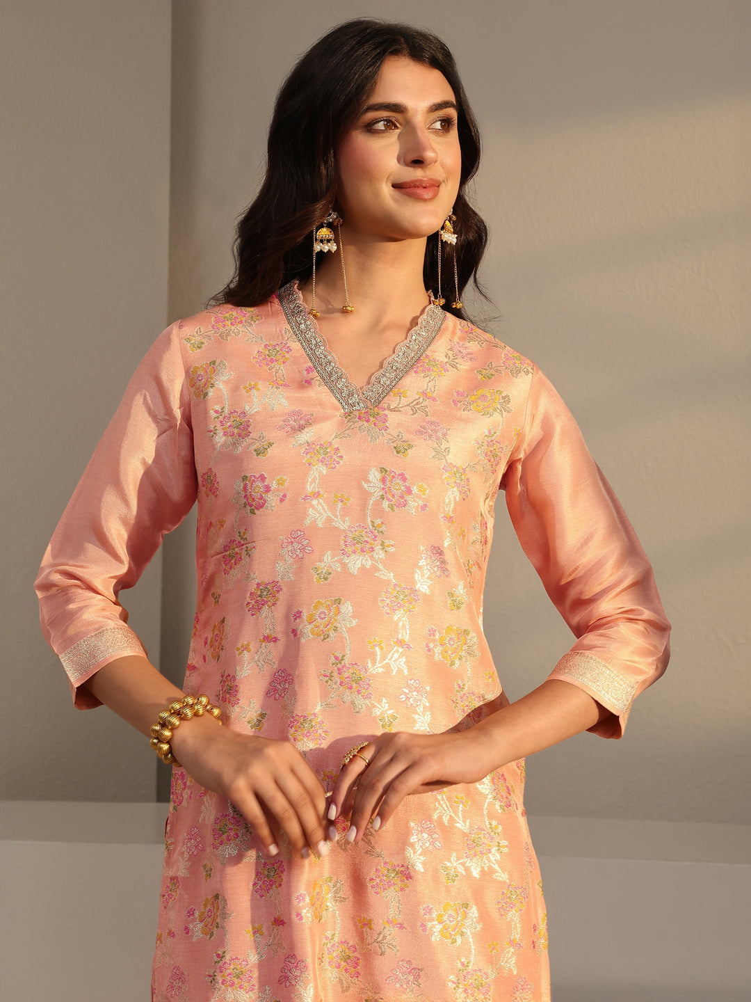  Peach Floral Woven Design Silk Blend Straight Suit Set With Dupatta 
