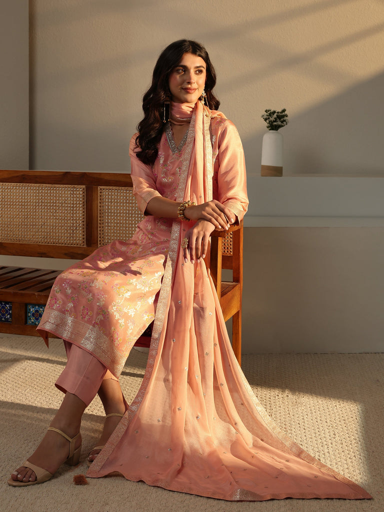 Libas Peach Floral Woven Design Silk Blend Straight Suit Set With Dupatta