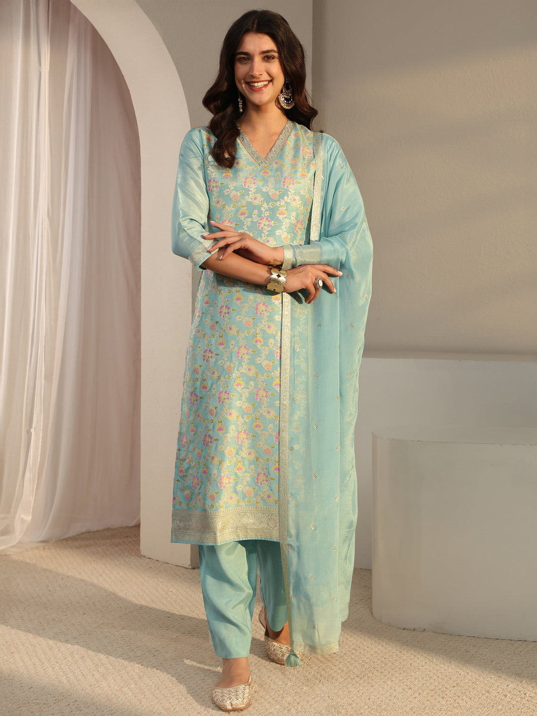  Blue Floral Woven Design Silk Blend Straight Suit Set With Dupatta 