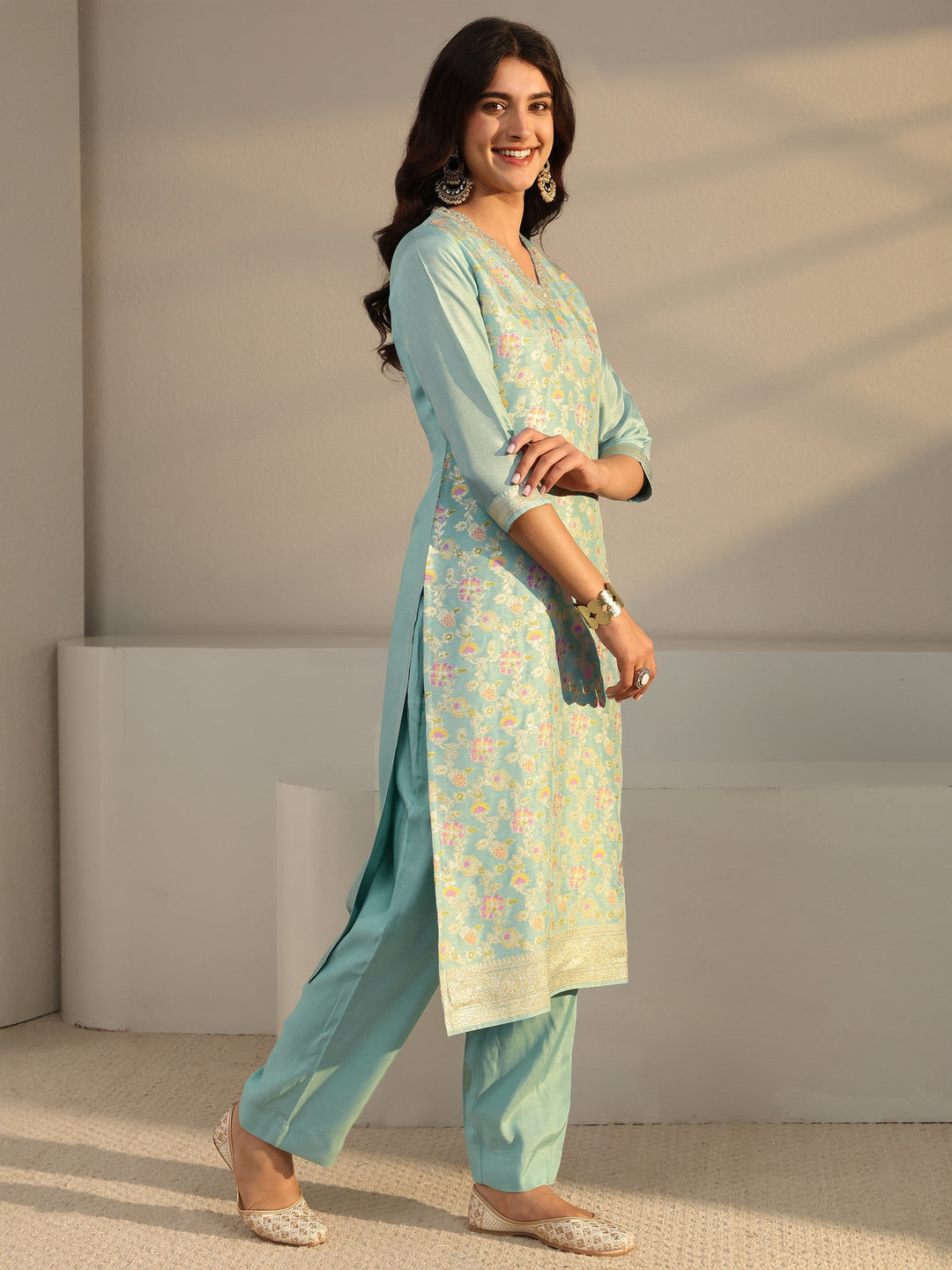 Blue Floral Woven Design Silk Blend Straight Suit Set With Dupatta 