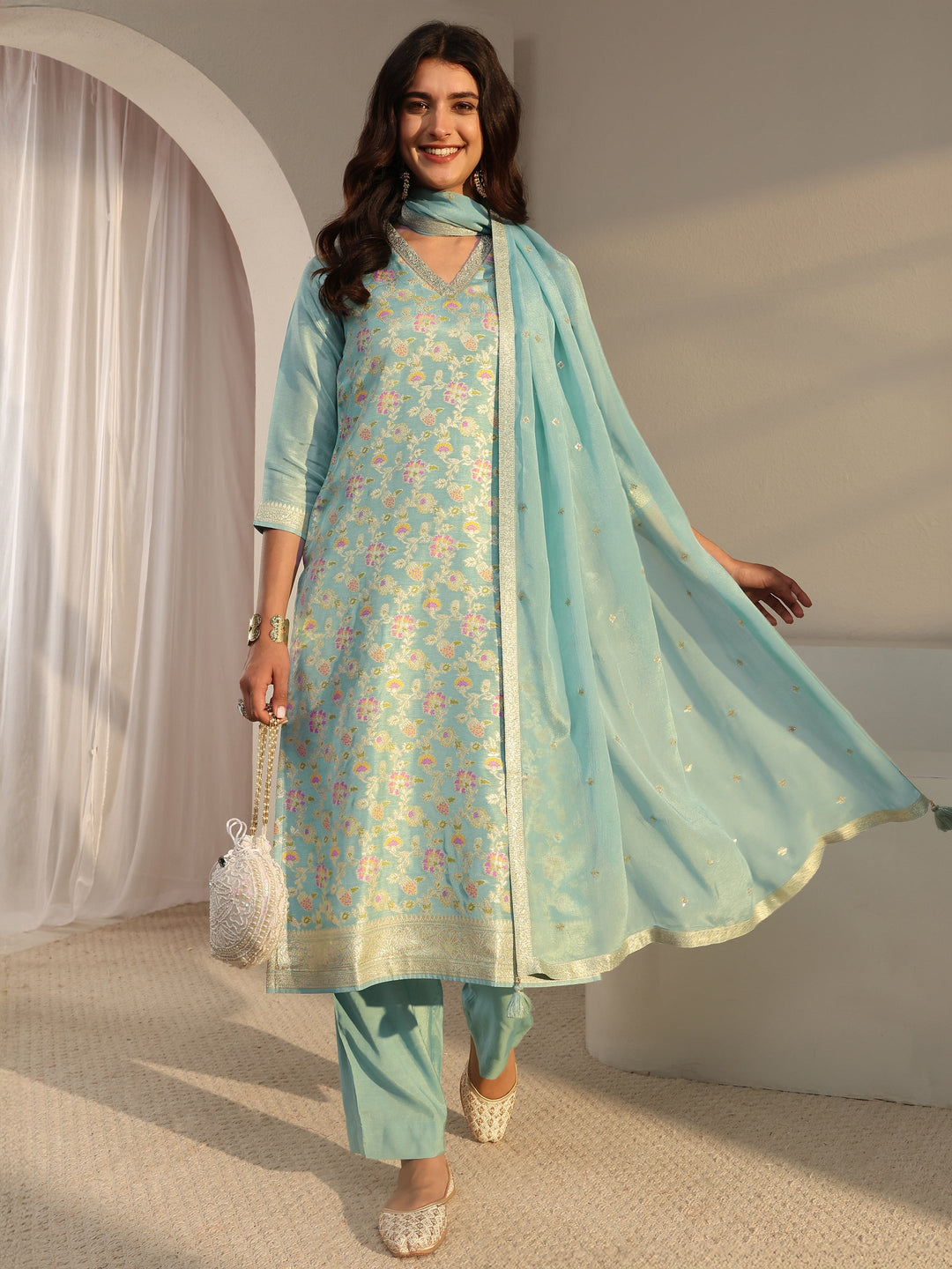  Blue Floral Woven Design Silk Blend Straight Suit Set With Dupatta 