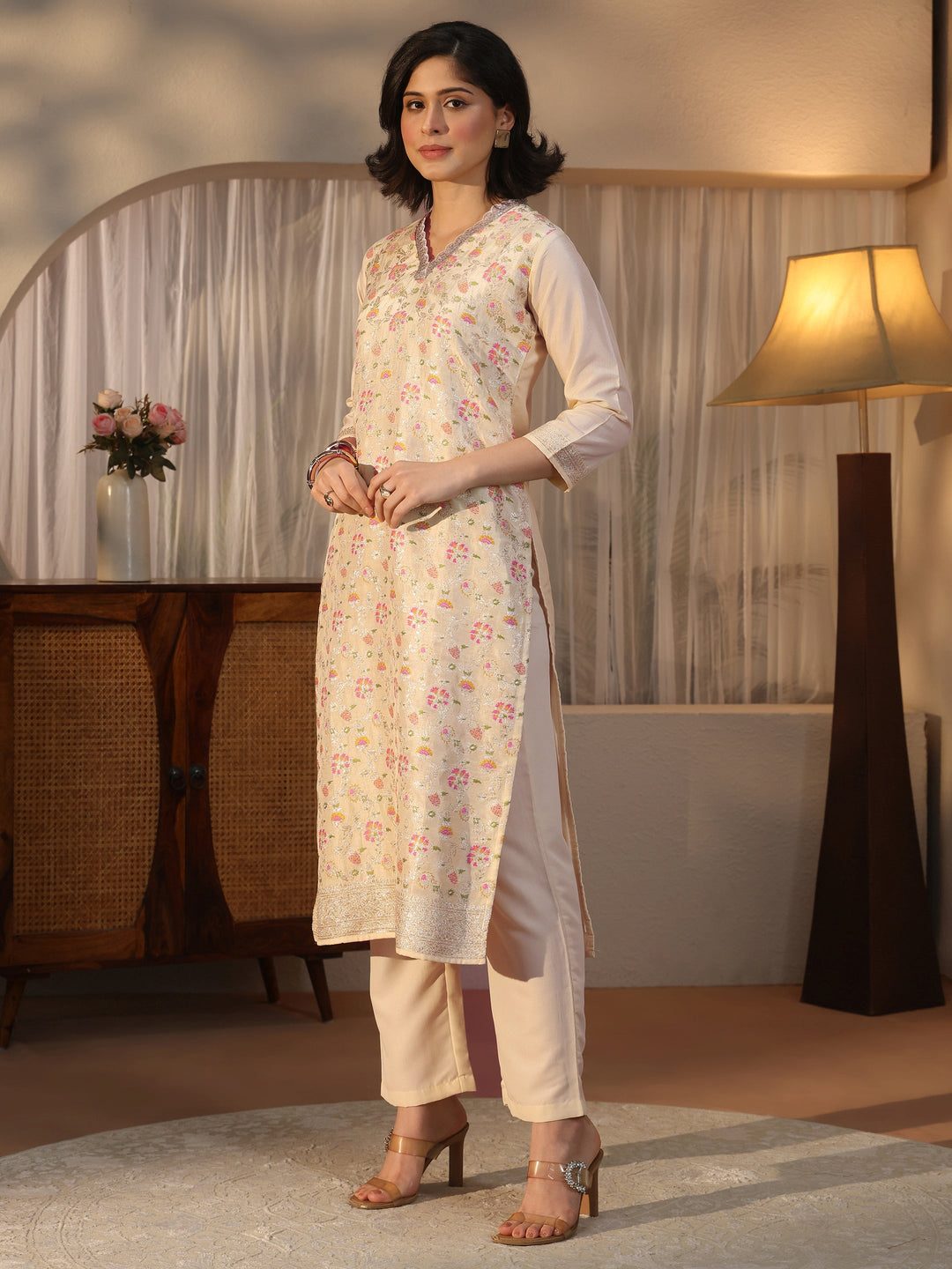  Libas Off White Floral Woven Design Silk Blend Straight Suit Set 