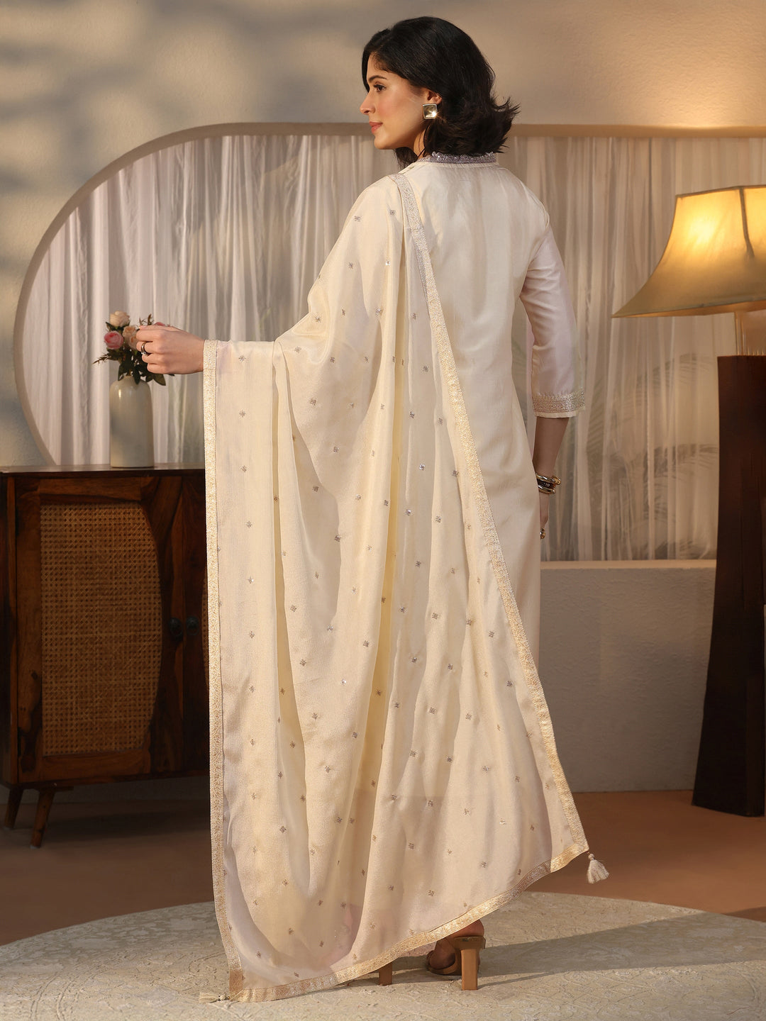  Libas Off White Floral Woven Design Silk Blend Straight Suit Set 