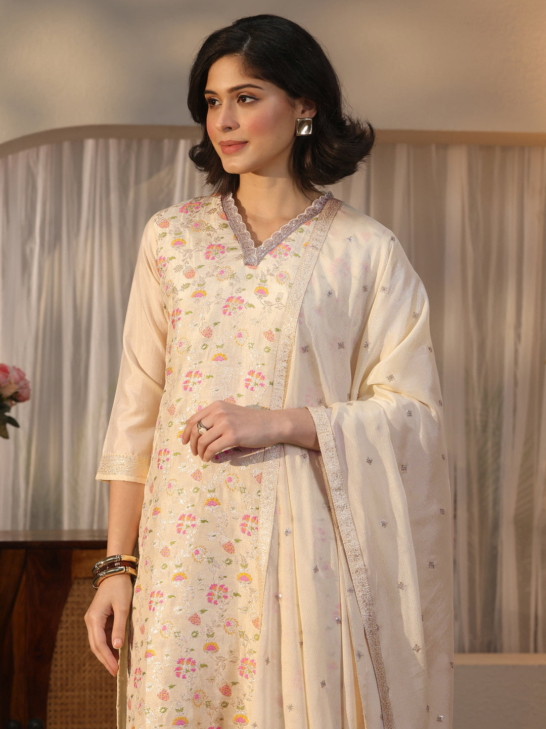  Libas Off White Floral Woven Design Silk Blend Straight Suit Set 