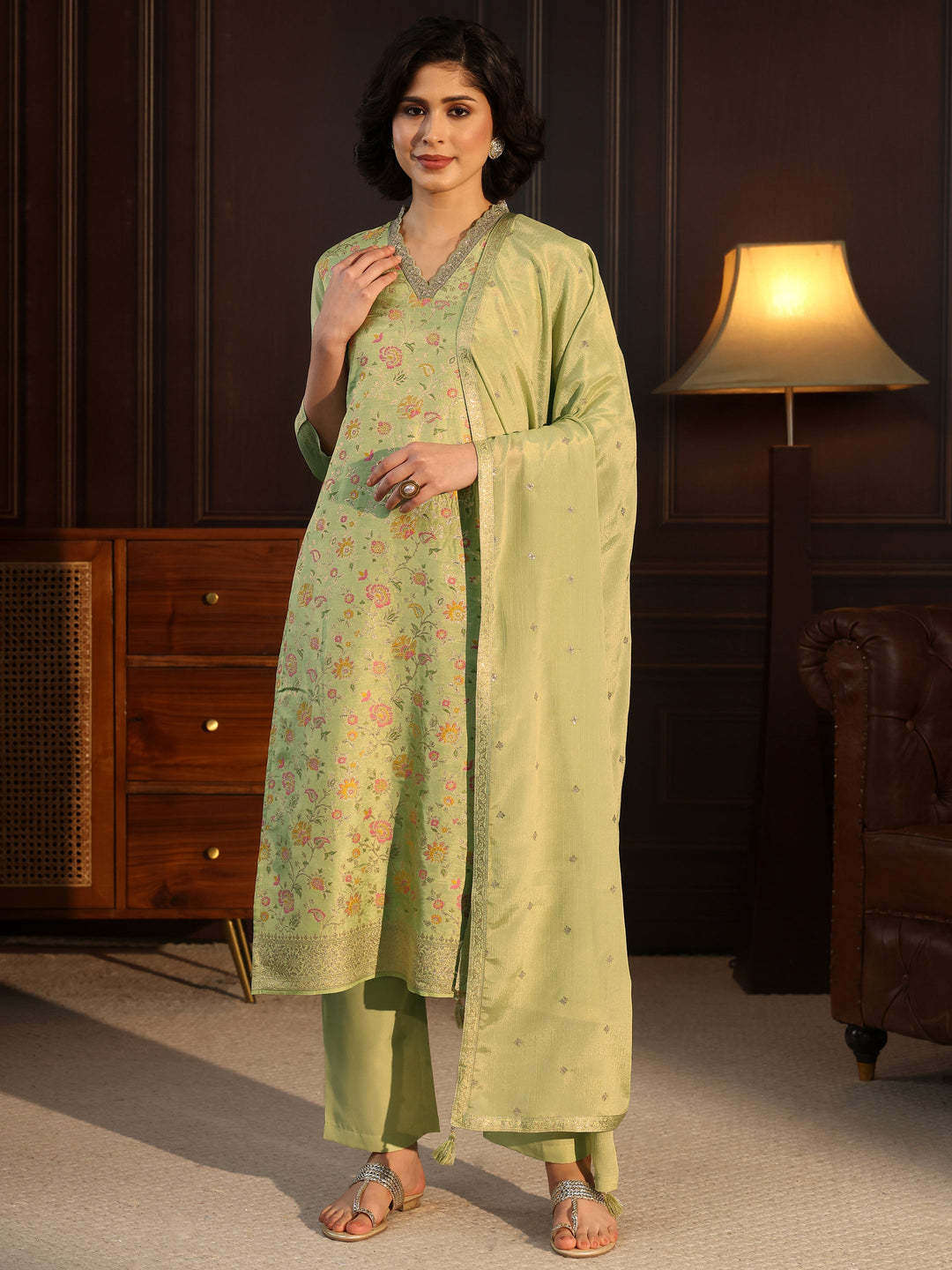  Libas Pista Green Floral Woven Design Silk Blend Straight Suit Set 