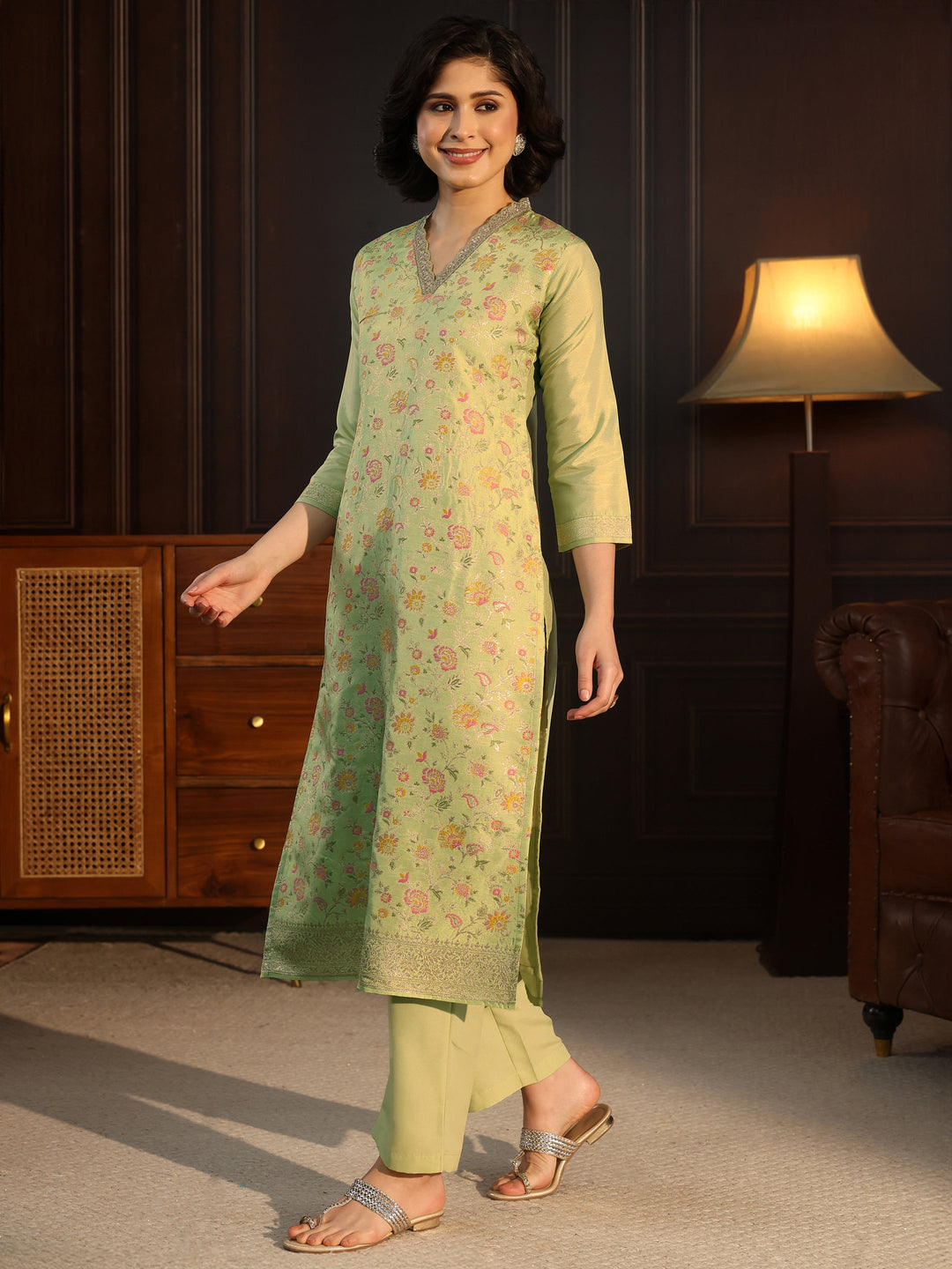  Libas Pista Green Floral Woven Design Silk Blend Straight Suit Set 