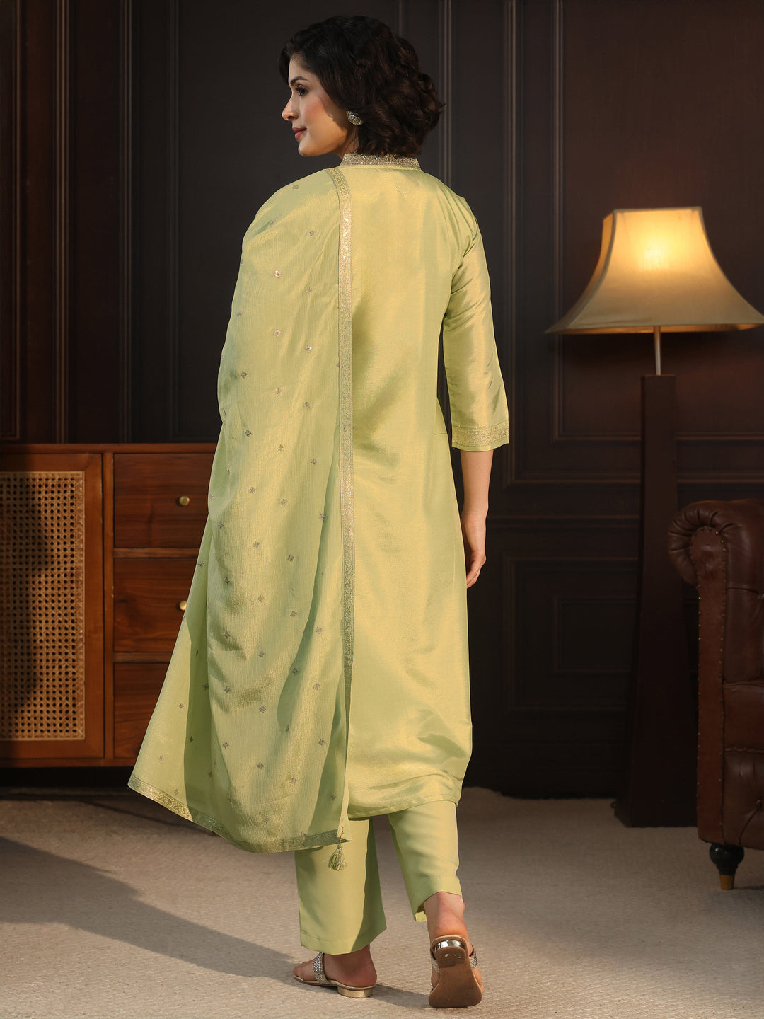  Libas Pista Green Floral Woven Design Silk Blend Straight Suit Set 