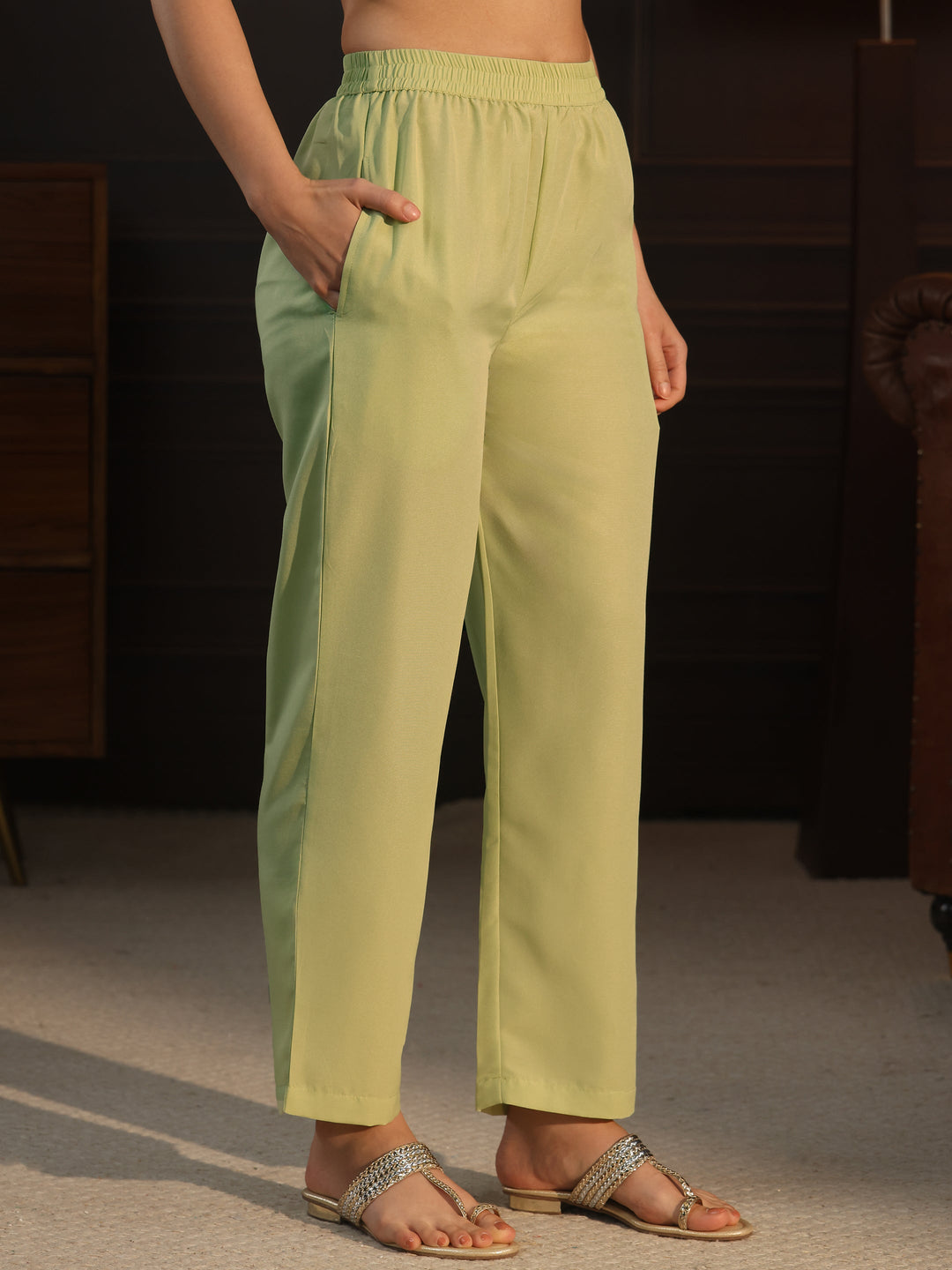 Libas Pista Green Floral Woven Design Silk Blend Straight Suit Set 