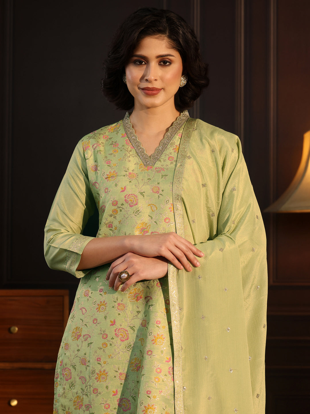  Libas Pista Green Floral Woven Design Silk Blend Straight Suit Set 