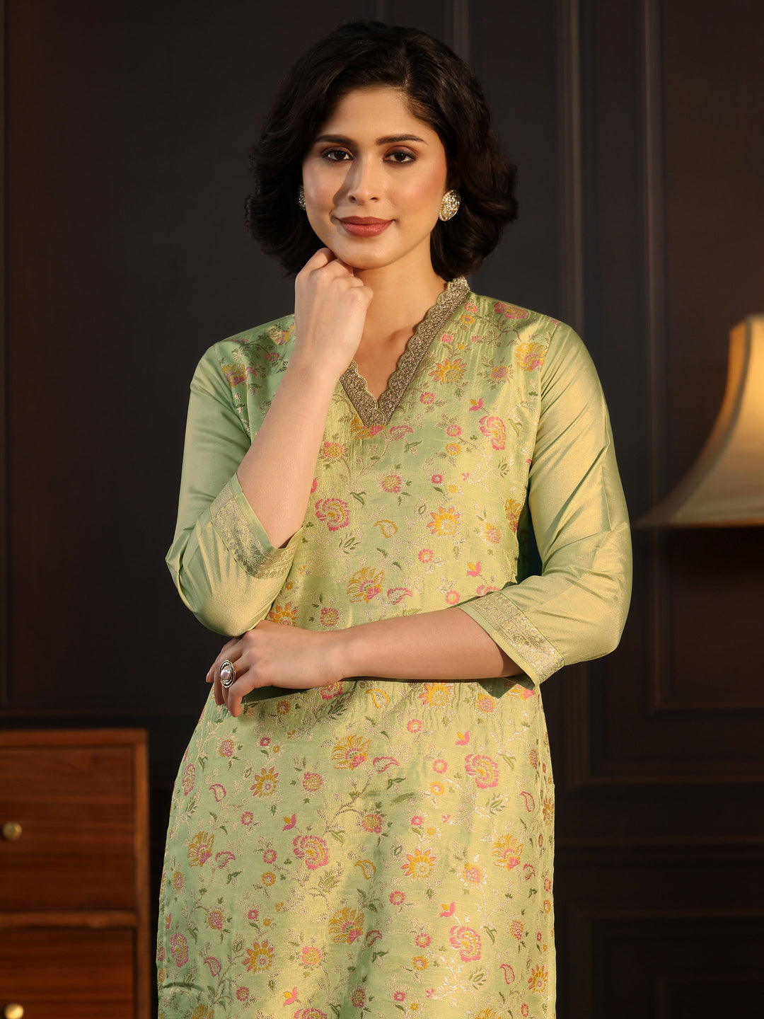  Libas Pista Green Floral Woven Design Silk Blend Straight Suit Set 