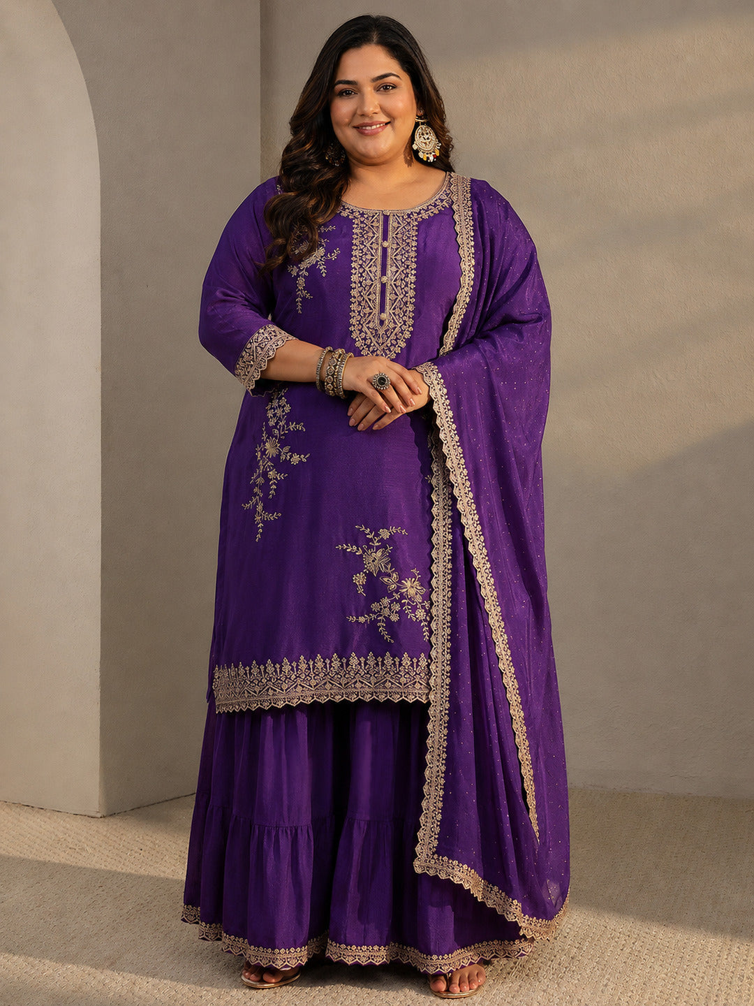  Plus Size Purple Floral Embroidered Chinon Sharara Suit Set With Dupatta 