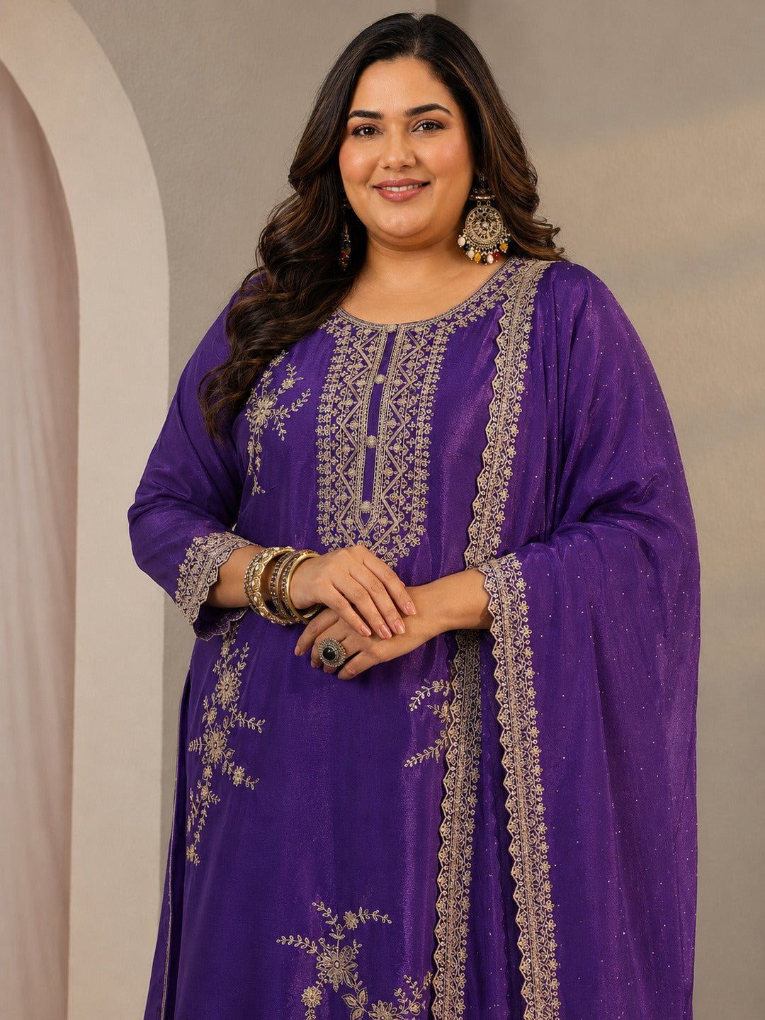 Plus Size Purple Floral Embroidered Chinon Sharara Suit Set With Dupatta 