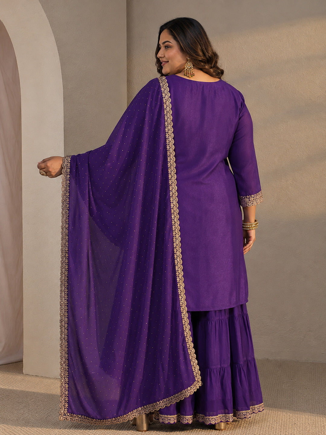  Plus Size Purple Floral Embroidered Chinon Sharara Suit Set With Dupatta 