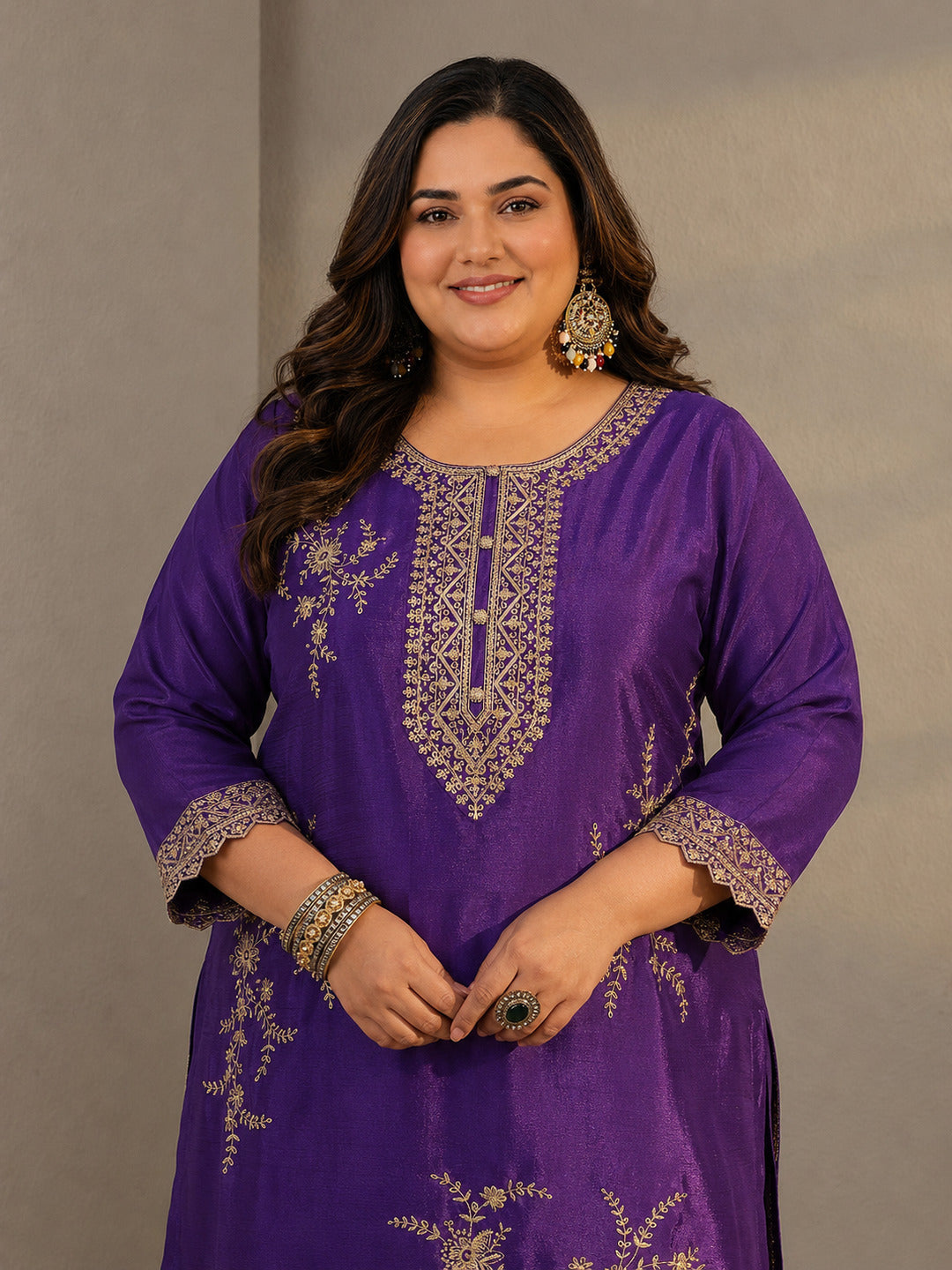  Plus Size Purple Floral Embroidered Chinon Sharara Suit Set With Dupatta 