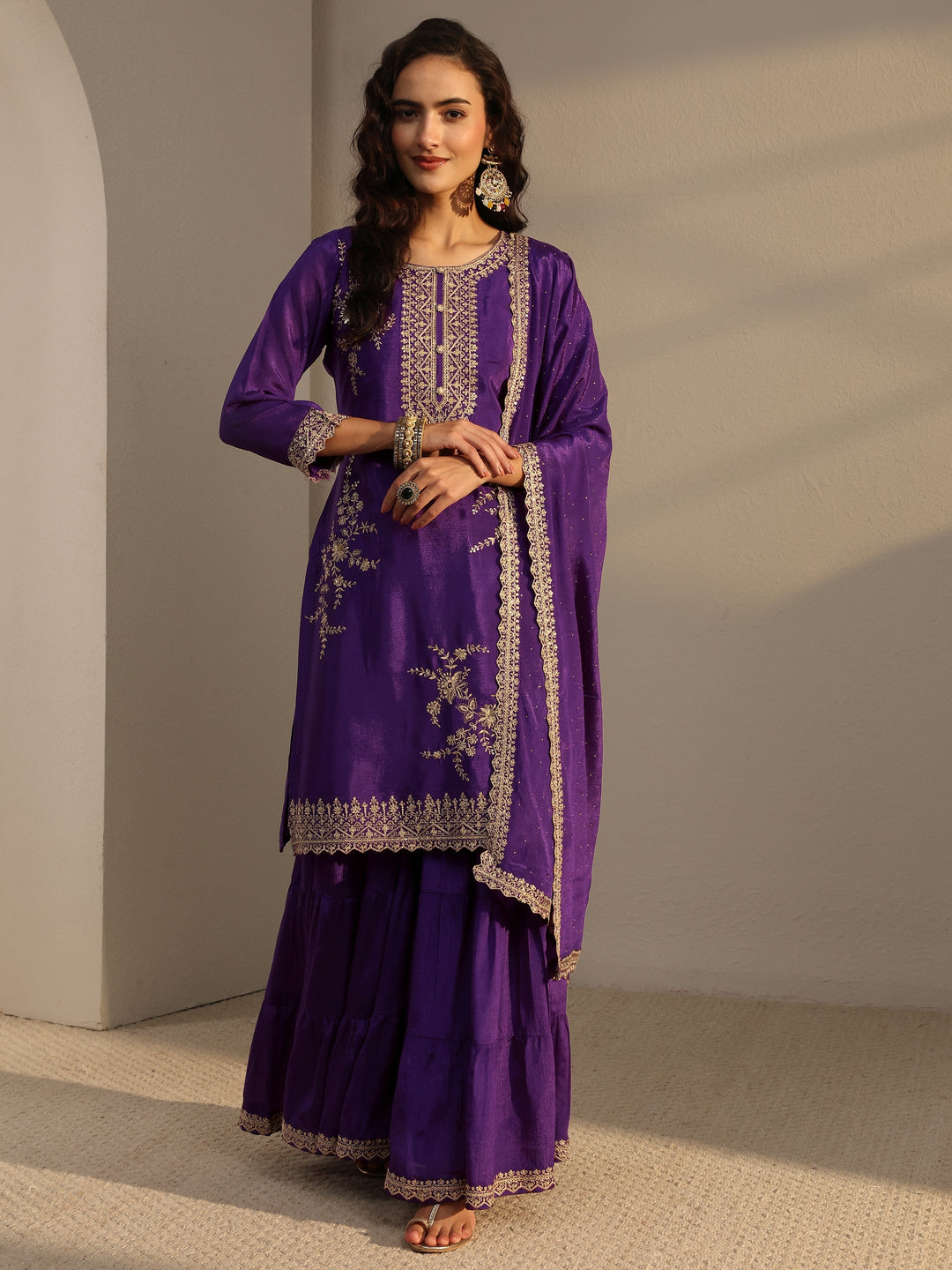  Purple Floral Embroidered Chinon Sharara Suit Set With Dupatta 