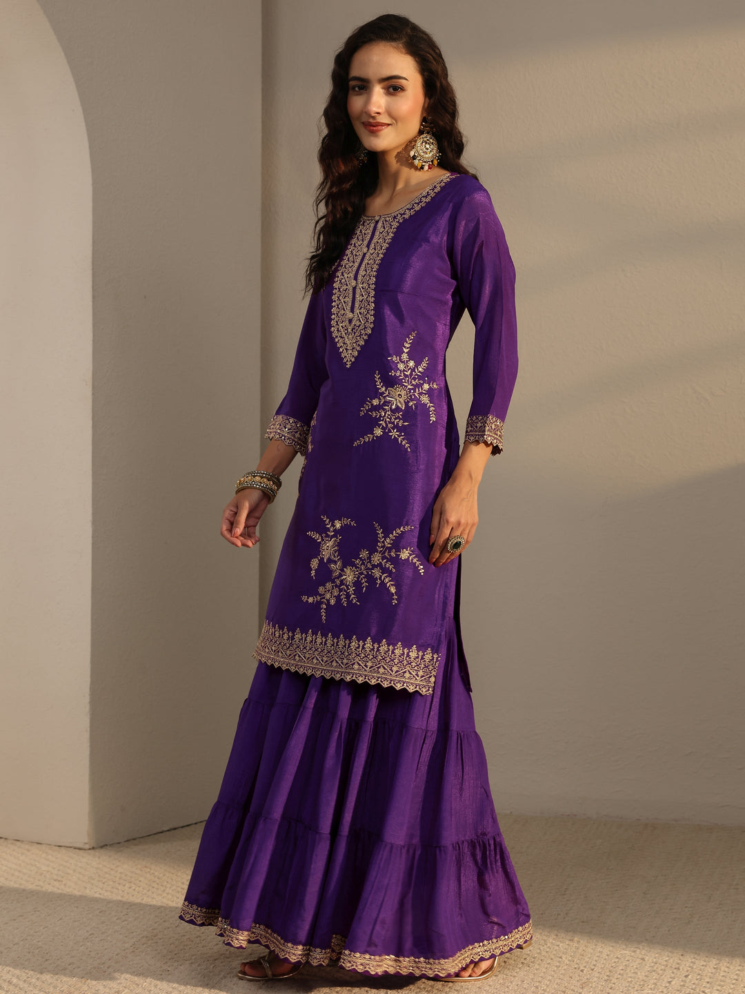  Purple Floral Embroidered Chinon Sharara Suit Set With Dupatta 