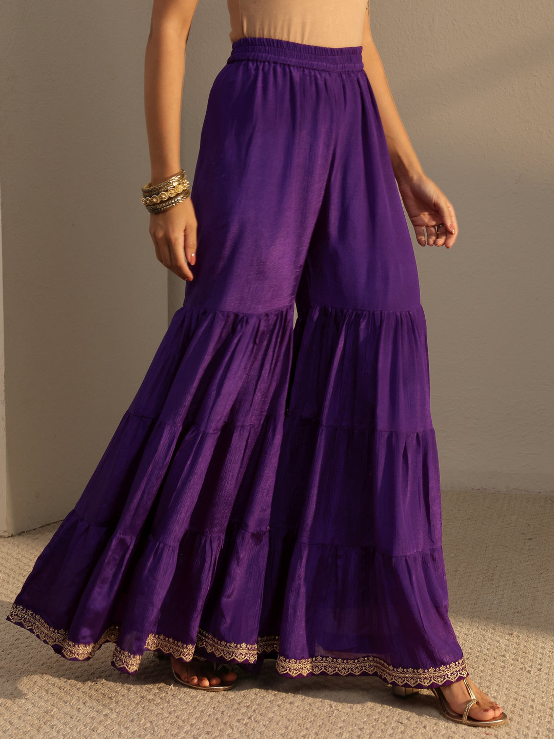  Purple Floral Embroidered Chinon Sharara Suit Set With Dupatta 