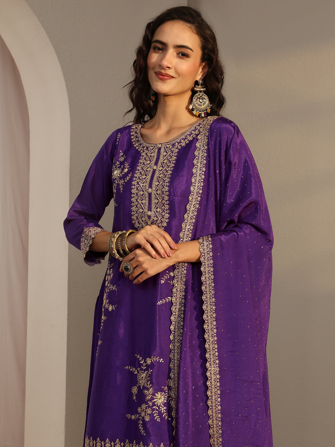  Purple Floral Embroidered Chinon Sharara Suit Set With Dupatta 