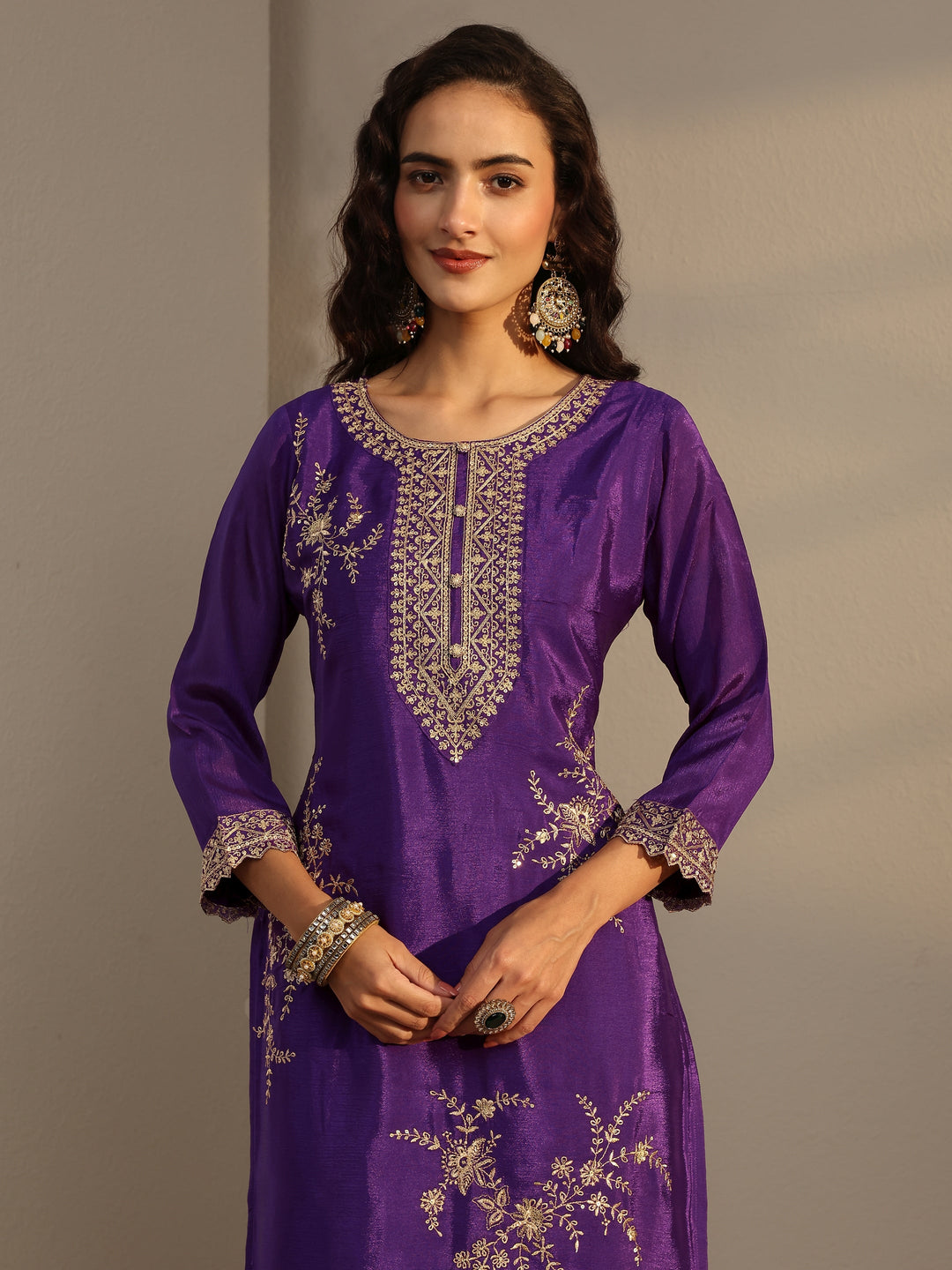  Purple Floral Embroidered Chinon Sharara Suit Set With Dupatta 
