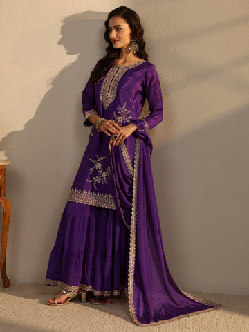 Libas Purple Floral Embroidered Chinon Sharara Suit Set With Dupatta