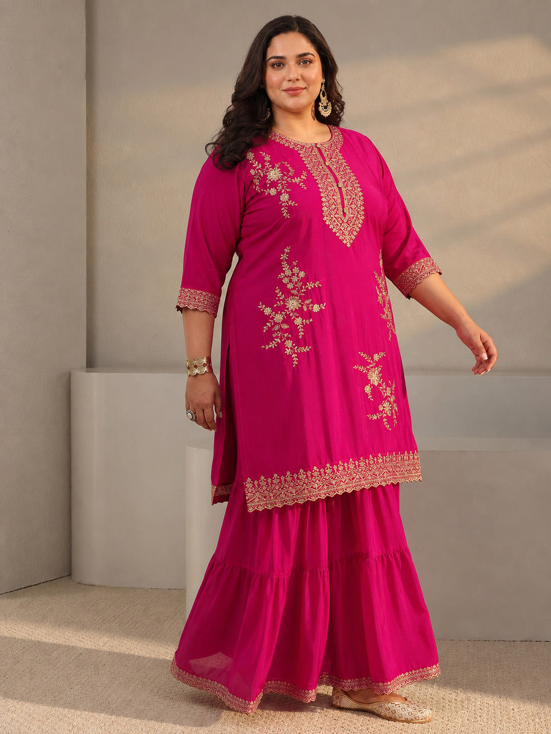  Plus Size Pink Floral Embroidered Chinon Sharara Suit Set With Dupatta 