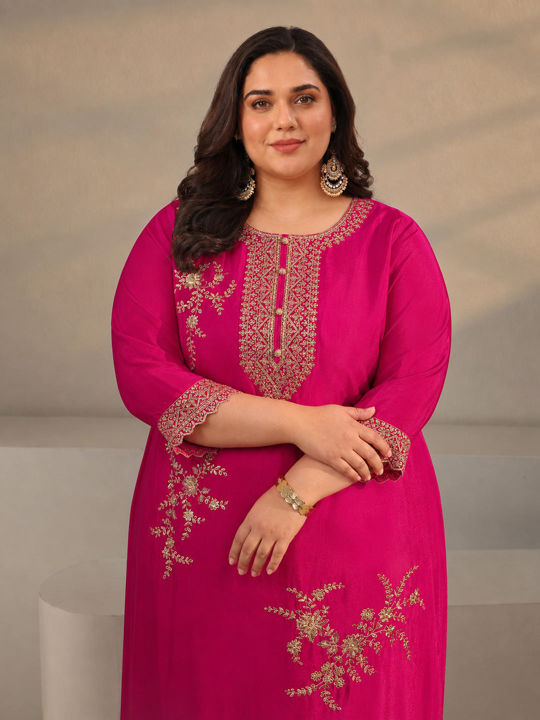  Plus Size Pink Floral Embroidered Chinon Sharara Suit Set With Dupatta 