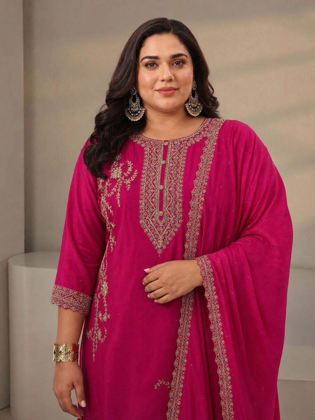  Plus Size Pink Floral Embroidered Chinon Sharara Suit Set With Dupatta 